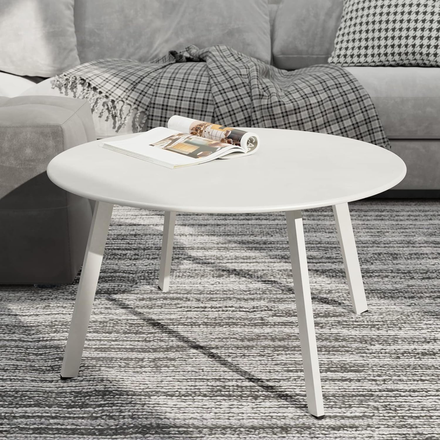 28-inch White Powder Coated Steel Round Outdoor Coffee Table - Durable Patio Side Table for Porch, Deck, Balcony & Poolside - Perfect for Lounging, Entertaining & Outdoor Relaxation