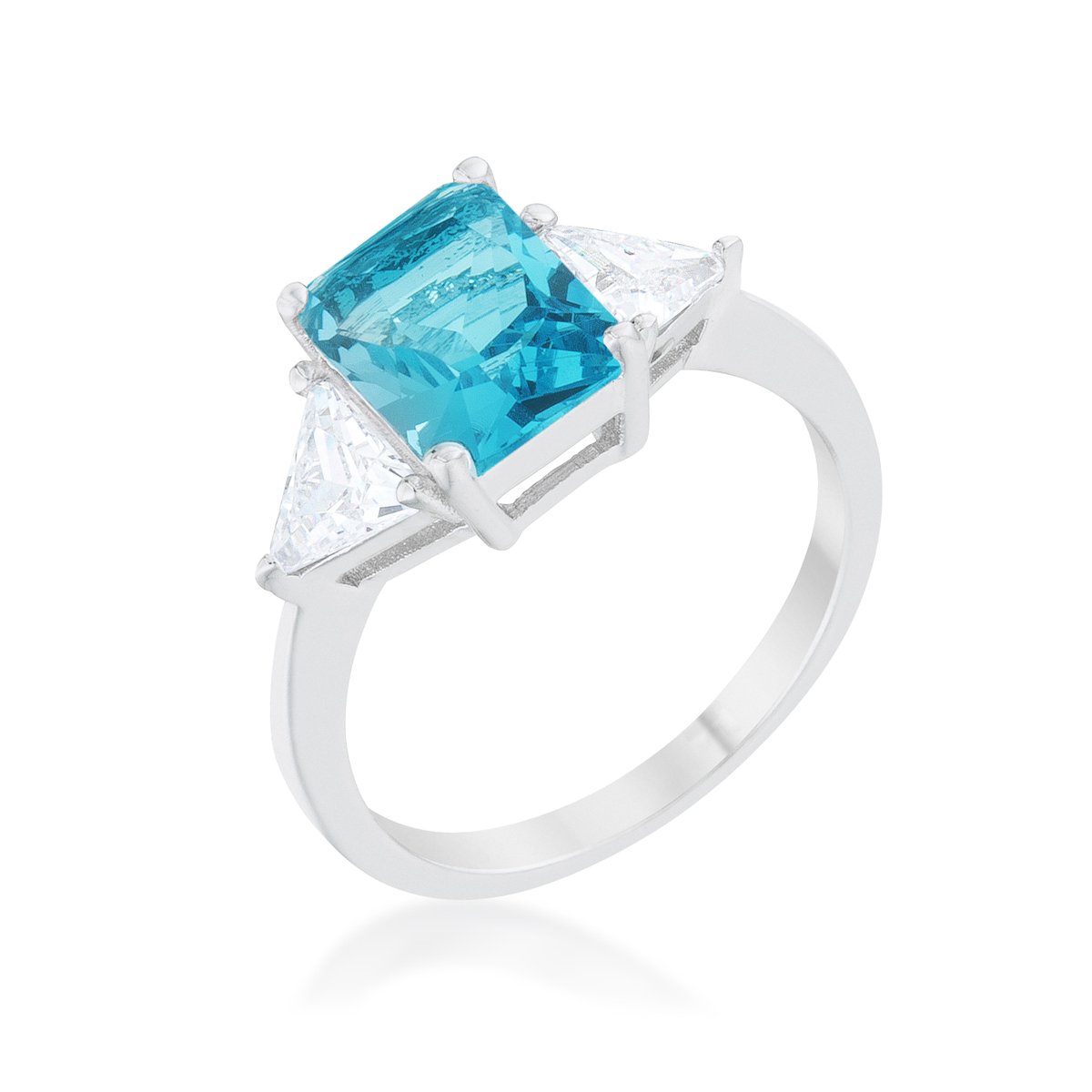4.5ct Blue Topaz Radiant Cut Engagement Ring - Rhodium Plated Classic Wedding Band with Trillion Cut Cubic Zirconia Side Stones | Perfect for Proposals, Anniversaries & Special Occasions