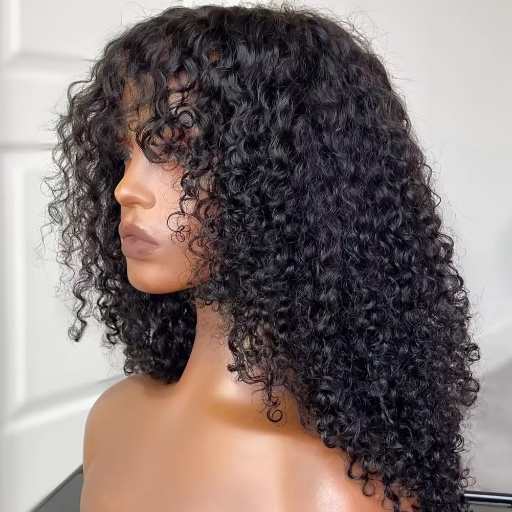 CLASSINE 24 Inch Brazilian Human Hair Wig for Women - Curly Glueless Lace Front Wig with Bangs, Natural Black Hair Replacement for Daily Wear & Cosplay