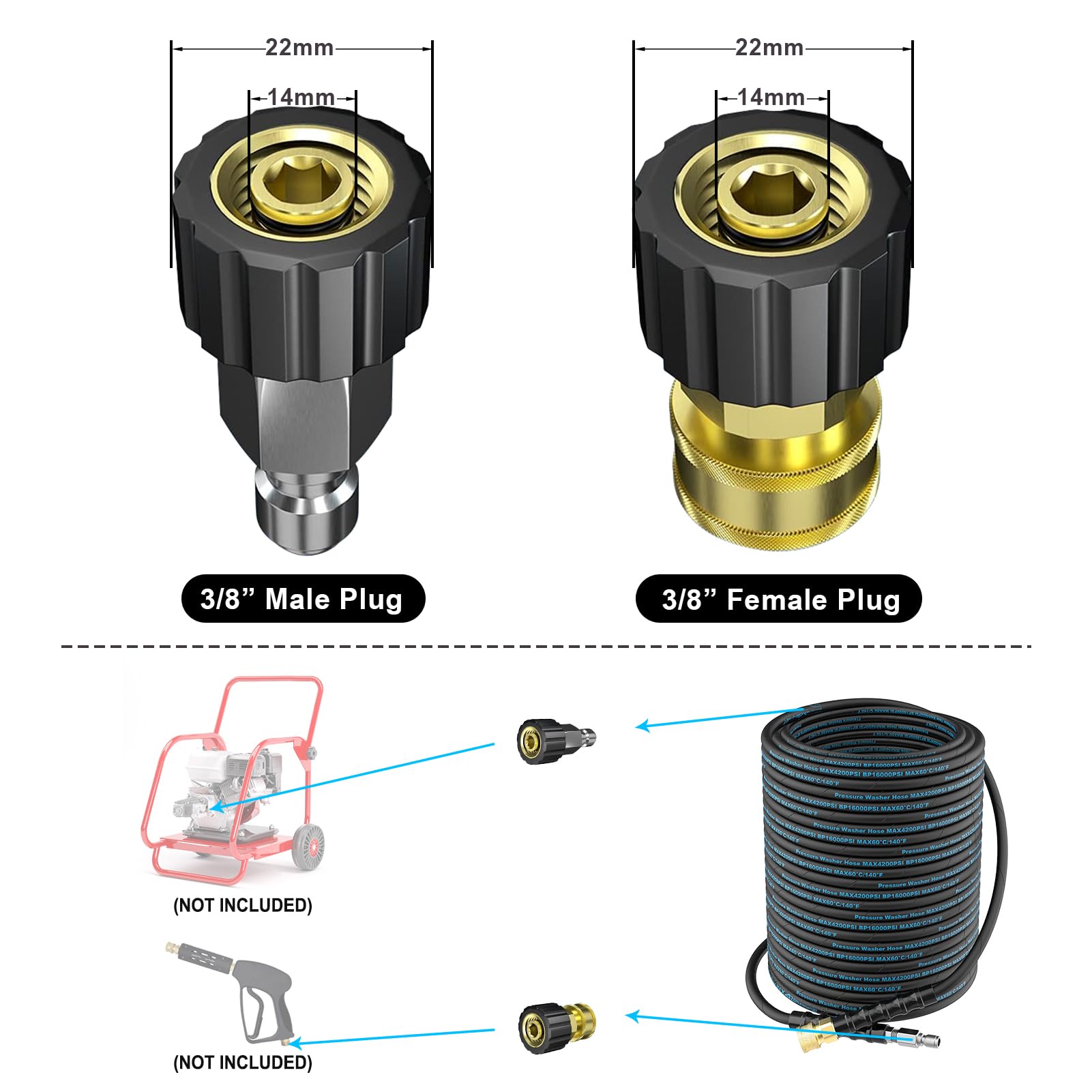 **100 Ft High Pressure Washer Hose - 3/8'' Quick Connect, 4200PSI Kink Resistant with M22-14mm Adapter - Heavy Duty Wire Braided for Hot & Cold Water - Perfect for Car Washing, Home Cleaning & Outdoor Power Washing**