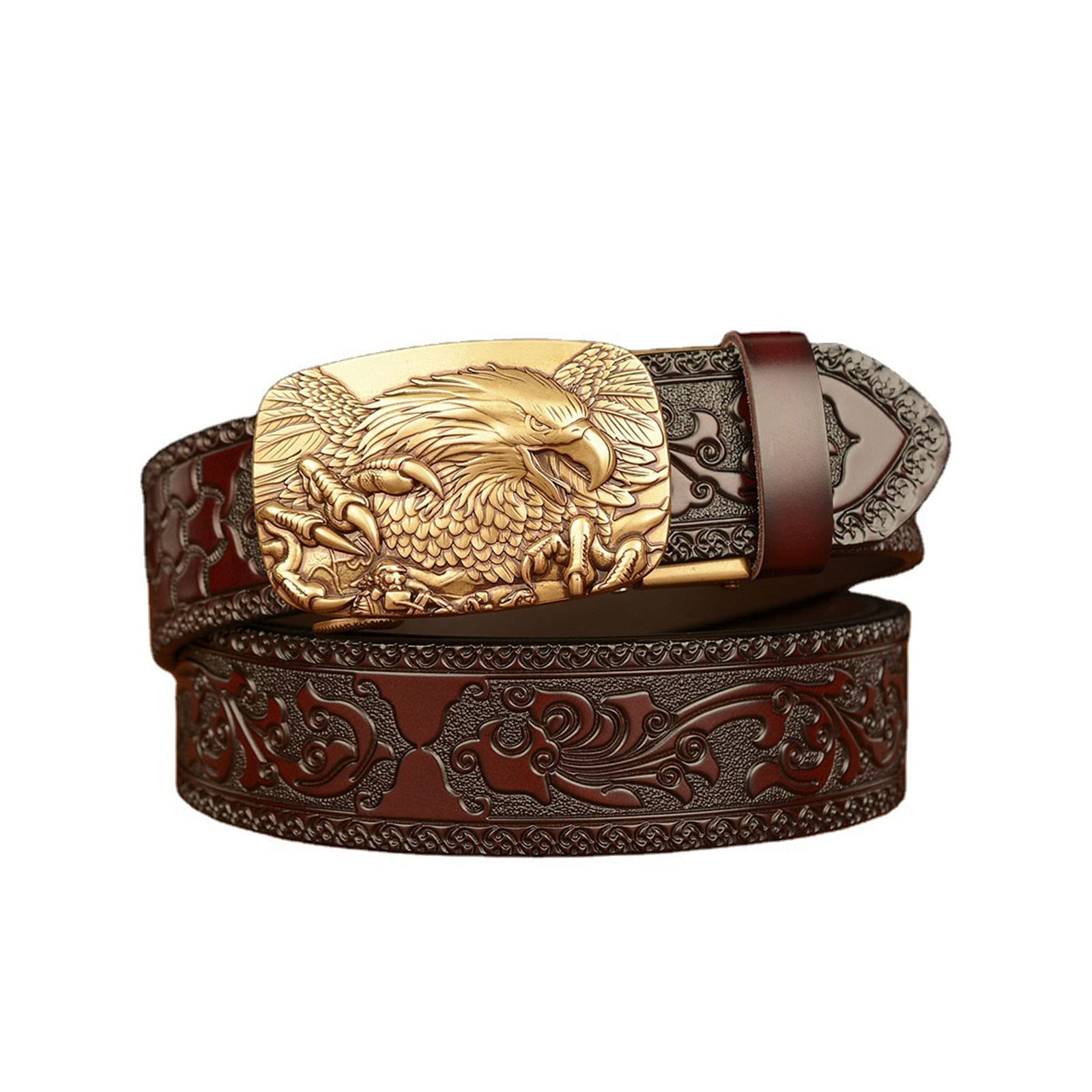 Men's & Women's Leather Belt with Eagle Automatic Buckle - Western Style Carved Pattern Design for Jeans & Casual Wear | Perfect for Everyday Outfits, Office Attire & Western Fashion