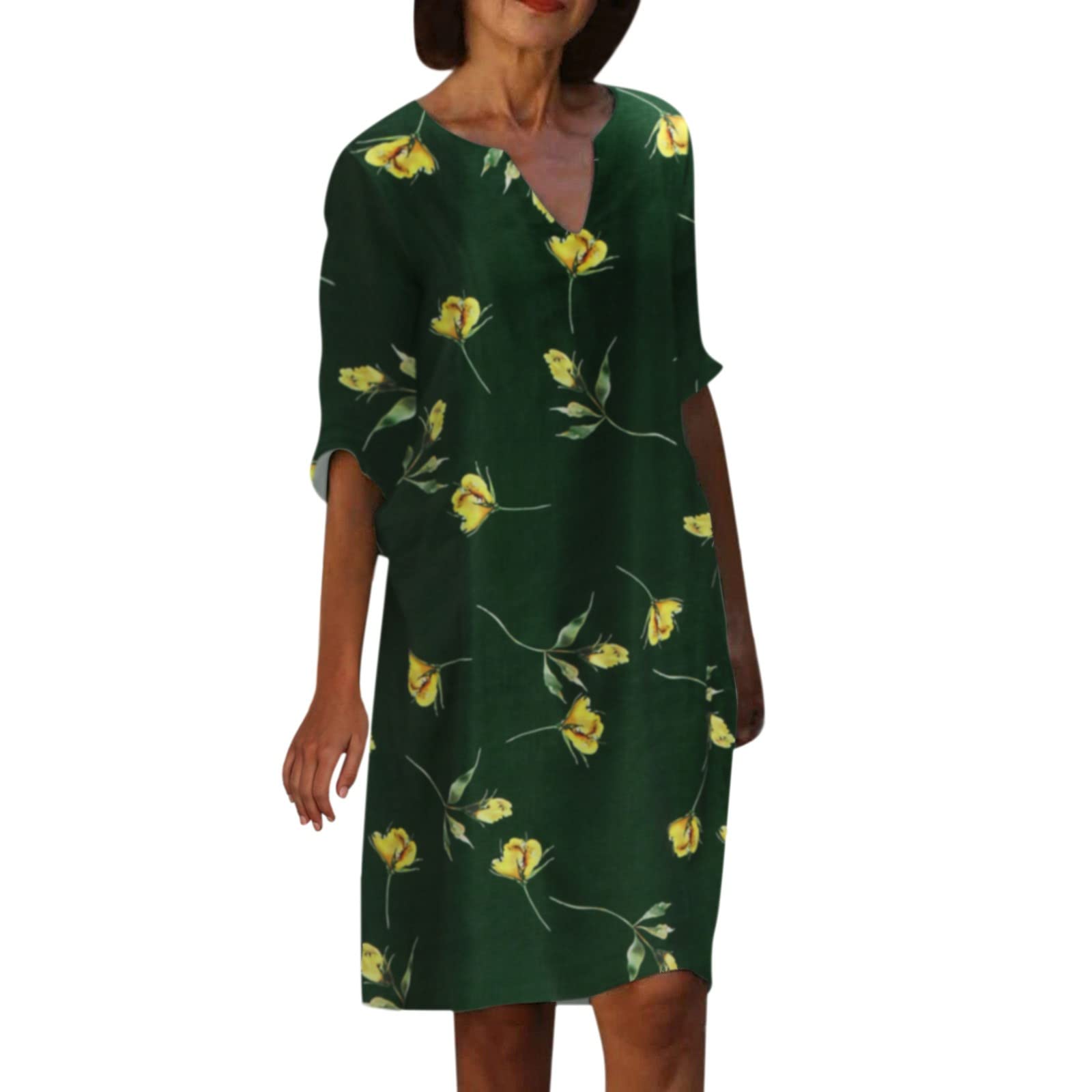 Women's Half Sleeve Summer Dress - Round Neck Hollow Out Floral Print Knee Length Sundress | Casual Midi V-Neck Dress for Beach, Vacation & Everyday Wear