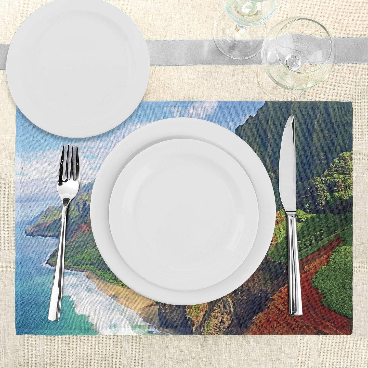 Ambesonne Hawaiian Place Mats Set of 4 - Na Pali Coast Kauai Hawaii Seascape Design, Washable Fabric Table Mats for Dining Room & Kitchen Decor (Green, Redwood, Blue) - Perfect for Tropical Themed Parties, Beach House Dining, and Vacation Home Decor