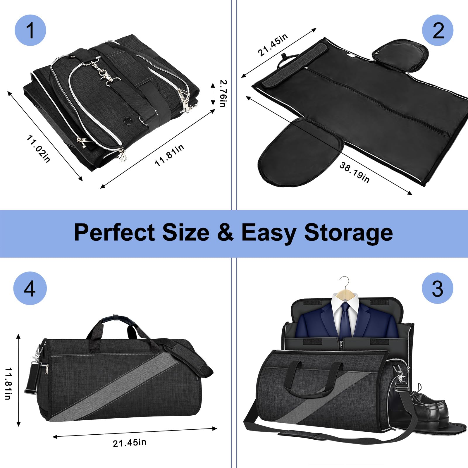 Large Garment Bag & Travel Duffel Bag with Shoe Pouch - Waterproof Suitcase for Business Trips, Weekend Getaways & Air Travel - Carry-On Luggage for Men & Women (Perfect for Business Meetings, Gym Sessions & Vacation Packing)