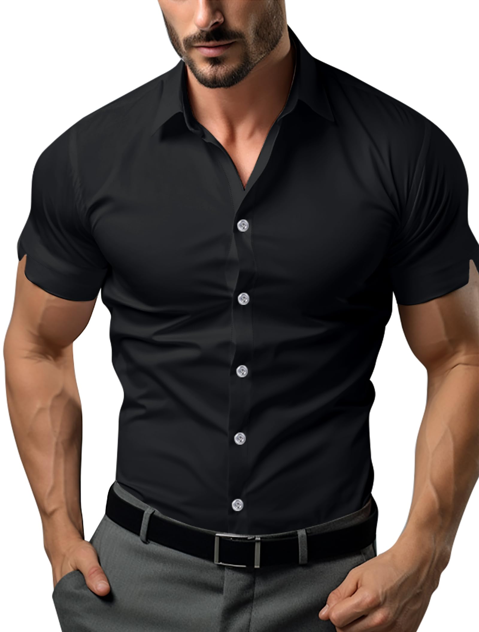 Men's Athletic Slim Fit Stretch Dress Shirts - Short Sleeve Solid Business Casual Button Down Shirt for Gym to Office Wear