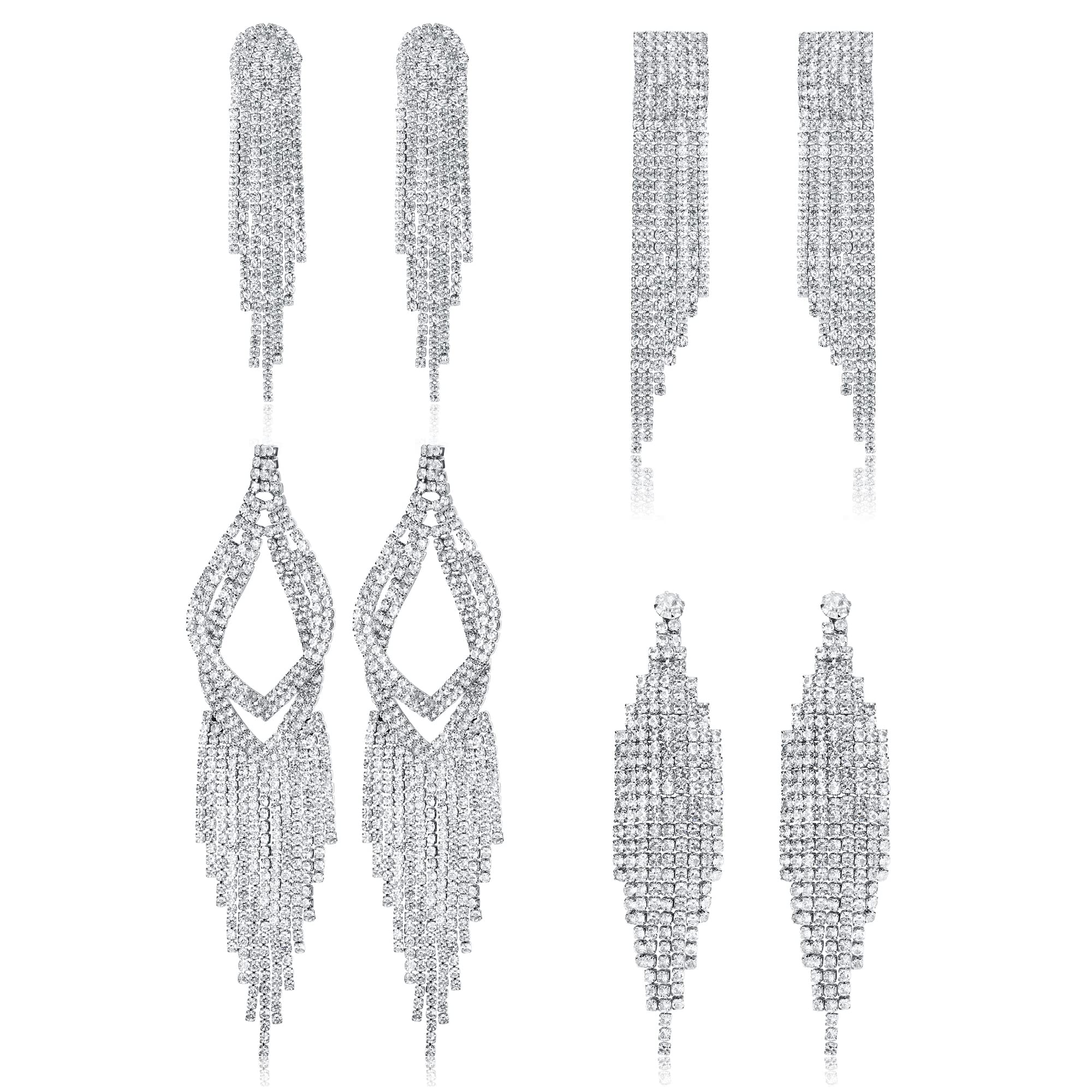 JeryWe 4 Pairs Non-Pierced Clip On Earrings for Women - Rhinestone Crystal Chandelier Drop Dangle Earrings Set in Silver Teardrop & Long Tassel Design - Perfect for Prom, Bridal, Wedding & Special Occasions