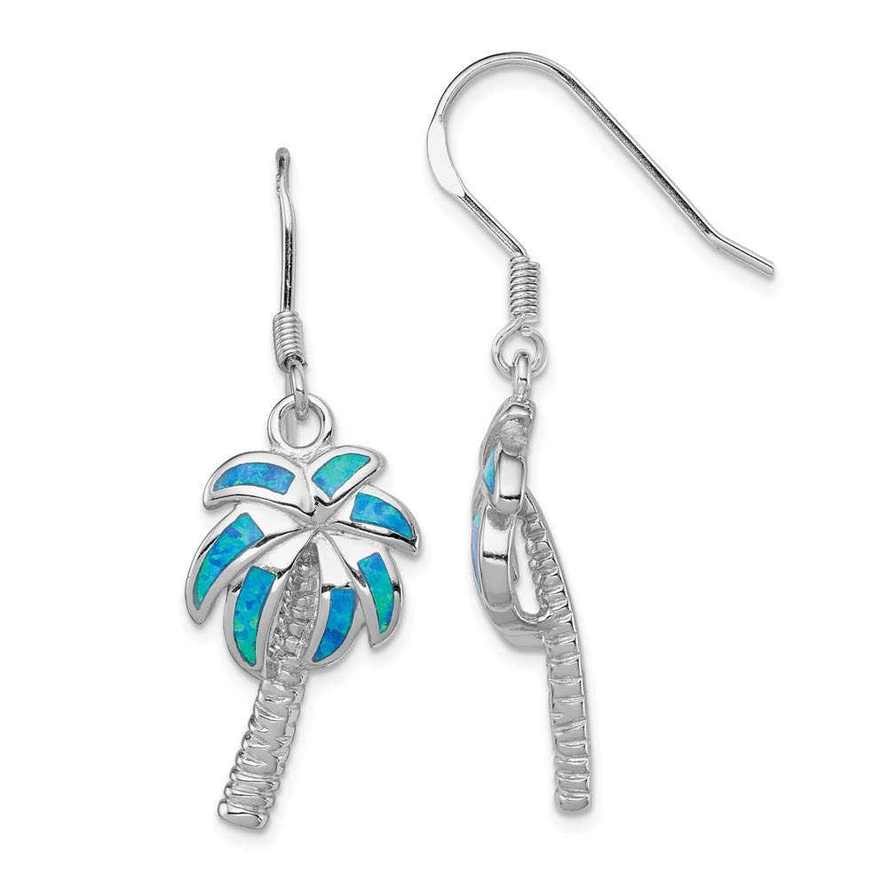 Handmade Sterling Silver Blue Opal Inlay Palm Tree Dangle Earrings for Women | Tropical Beach Vacation Jewelry Gift | Perfect for Summer Parties, Weddings & Boho Fashion