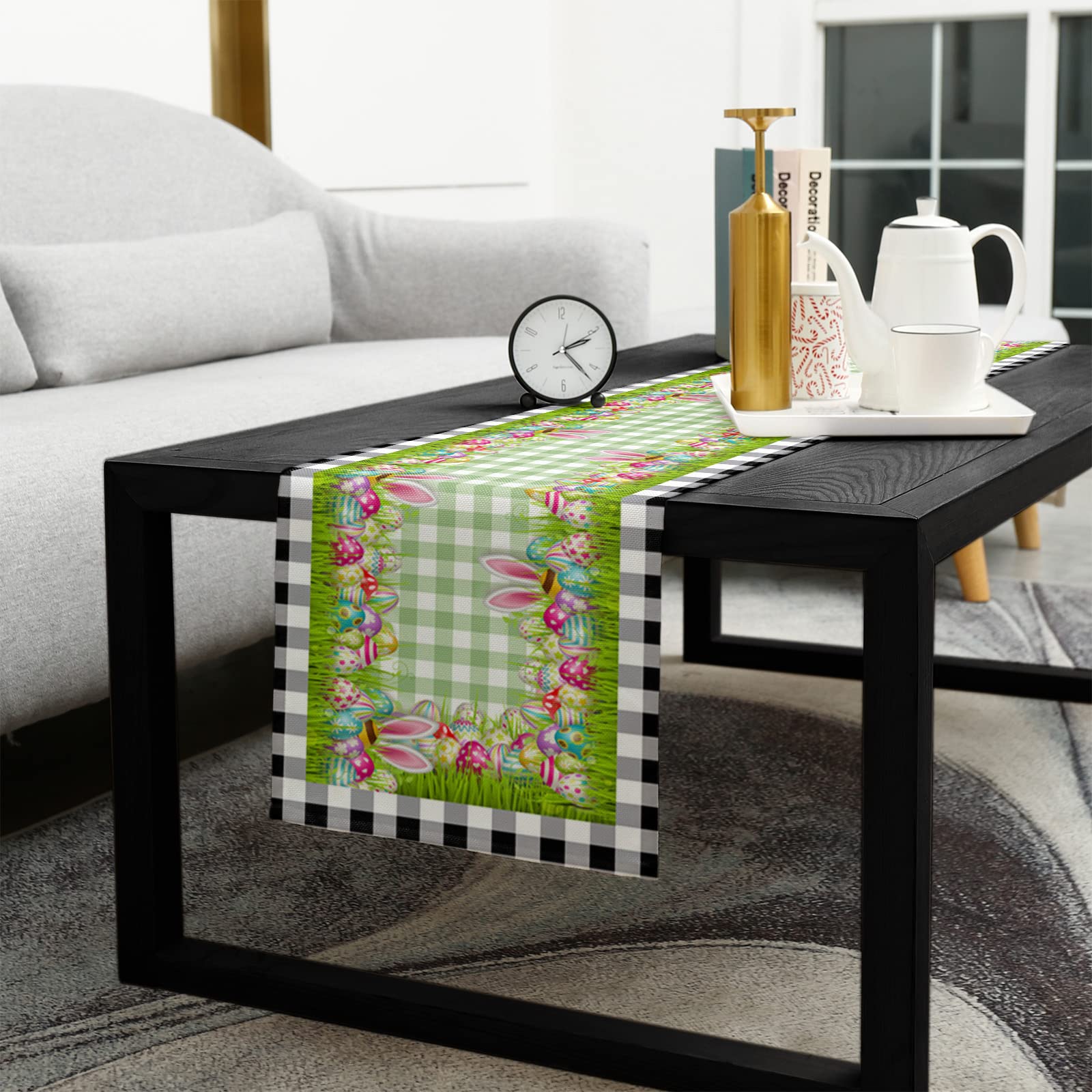 Easter Burlap Table Runner - 36 Inch Linen Kitchen Dining Table Decor with Green Checkered Easter Eggs Design, Spring Grass Plaid Scarf for Wedding Party Banquet Coffee Table Decorations | Perfect for Easter Celebrations, Spring Home Decor, and Farmhouse Style Dining Tables