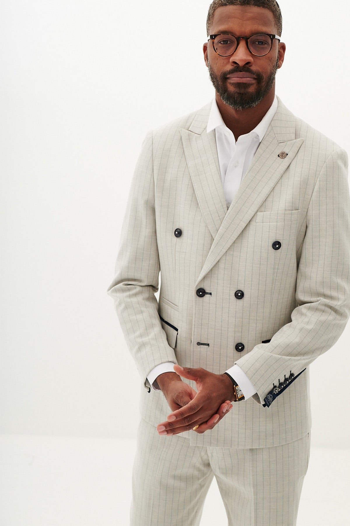 GRANT Stone Pinstripe Double Breasted Suit for Men | Premium Wool Business Suit | Formal Office Wear & Wedding Attire