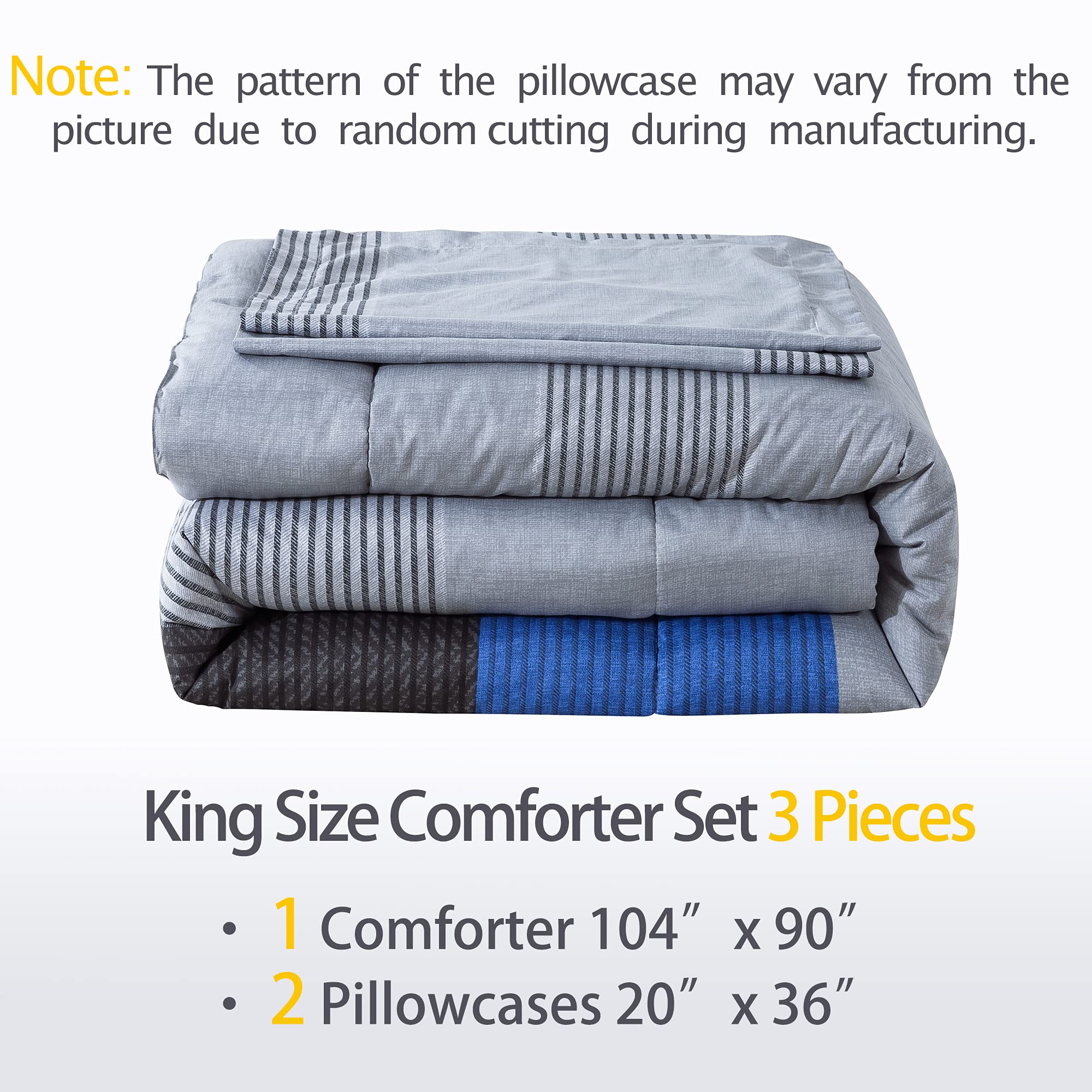 **Andency King Size 3-Piece Blue & Gray Striped Comforter Set - Soft Microfiber Down Alternative Bedding (104x90 Inches) with Corner Loops - Perfect for Cozy Bedrooms & Guest Rooms**