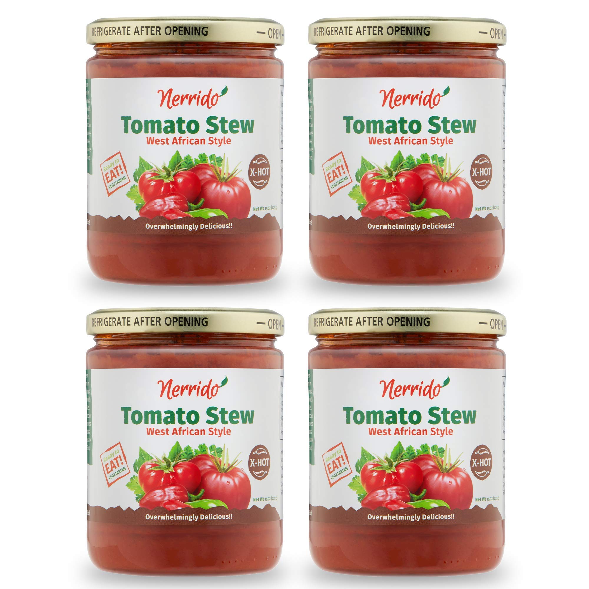 Nerrido African Style X-Hot Canned Tomato Stew & Jollof Rice Sauce - Spicy Pasta Sauce with Vegetables & Authentic Spices - 16oz (454g) 4-Pack - Perfect for Jollof Rice, Stews, Pasta & African Cuisine
