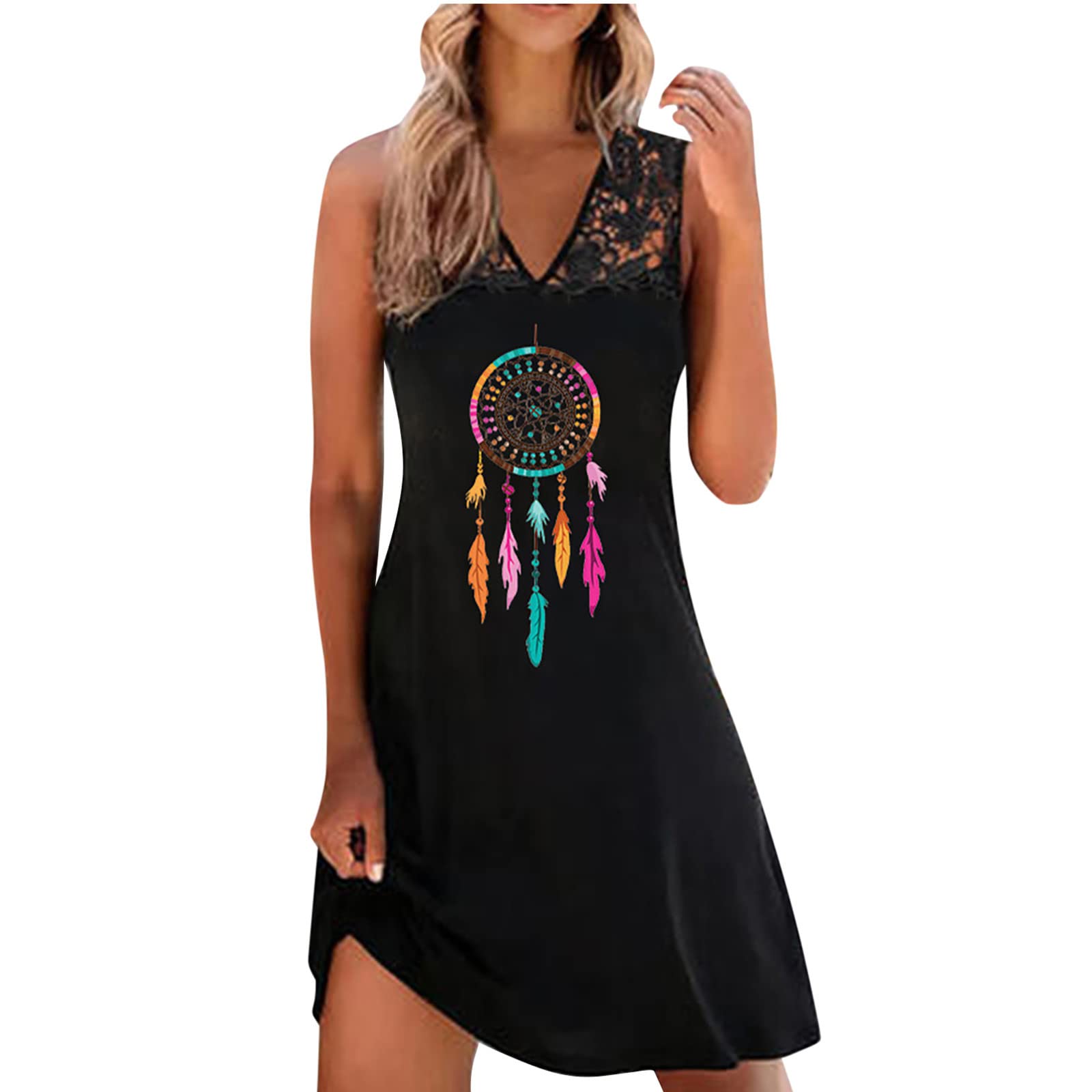 Women's Sleeveless Lace Vest A-Line Mini Dress - Casual Summer Swing Printed Beach Dress in Black | Perfect for Vacation, Date Night & Outdoor Parties