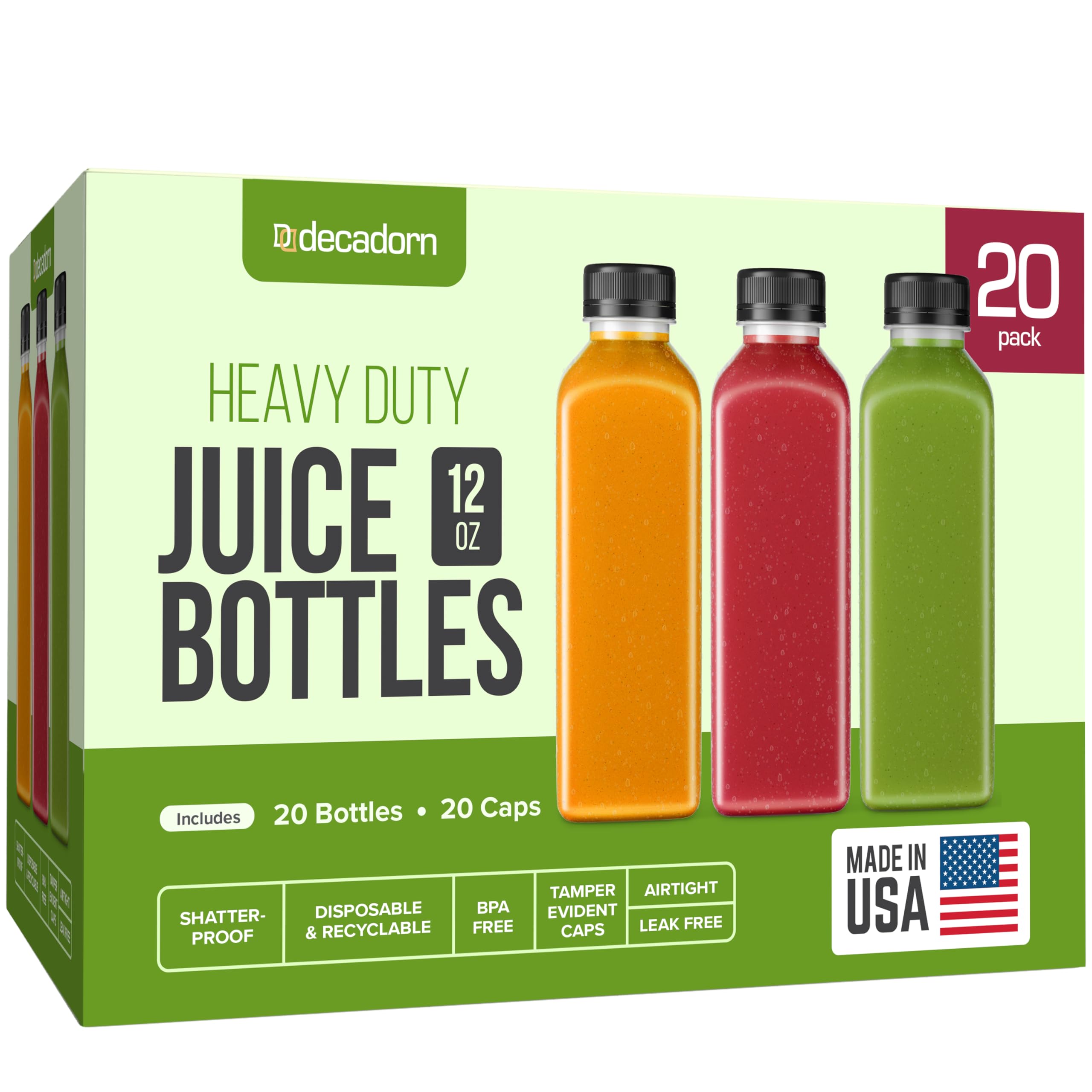 12oz 20pcs BPA-Free Juice Bottles with Tamper Evident Lids - Shatterproof, Leakproof & Recyclable Drink Containers for Juicing, Fridge Storage & Meal Prep - Made in USA Disposable Juice Bottles for Smoothies, Cold Brew & Healthy Snacks On-The-Go