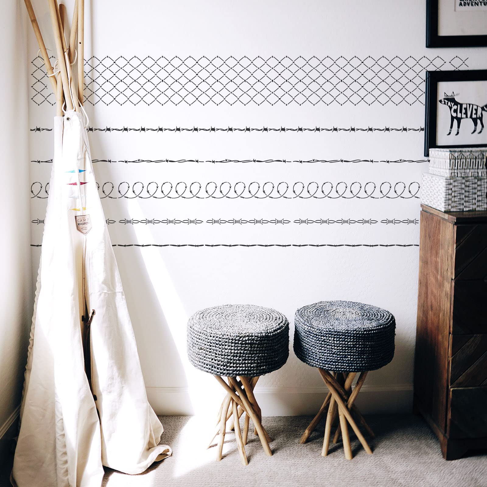 Barbed Wire DIY Stencils for Wall Painting - 11.8x11.8 Inch Reusable Mylar Template - 6 Style Iron Gauze Drawing Stencils for Chalk Signs, Crafts, Windows & Walls - Perfect for Home Decor, DIY Projects & Artistic Creations