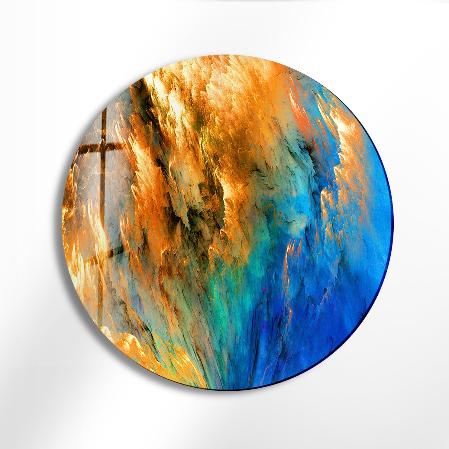 Blue & Orange Abstract Round Glass Wall Art Decor - Modern Handmade Glass Mosaic for Living Room, Bedroom, Office & Dining Area