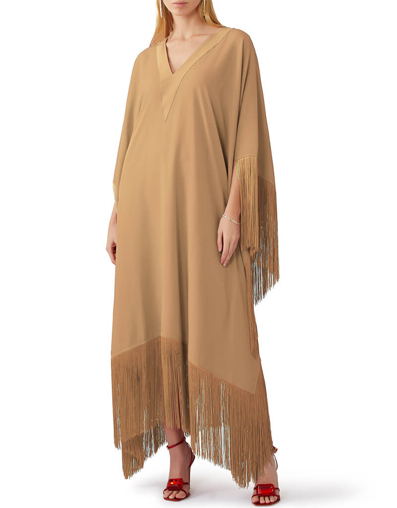 Elegant Beige V-Neck Fringed Kaftan Dress for Women | Boho Chic Summer Beach Cover Up | Perfect for Vacations, Pool Parties & Resort Wear