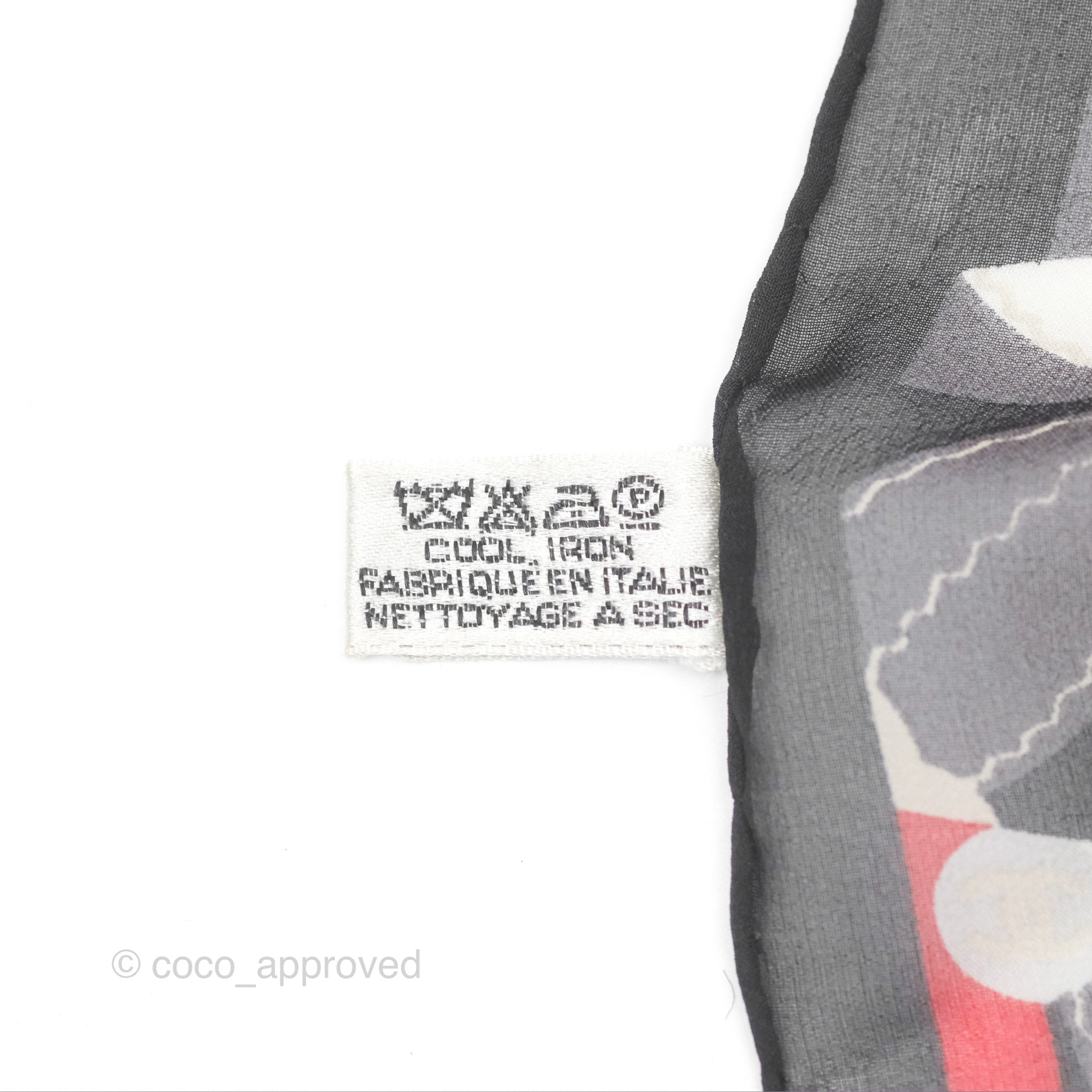Chanel CC Silk Square Scarf 90 - Elegant Grey Red White Pattern - Luxury Fashion Accessory for Women - Perfect for Gifts, Parties, and Everyday Style