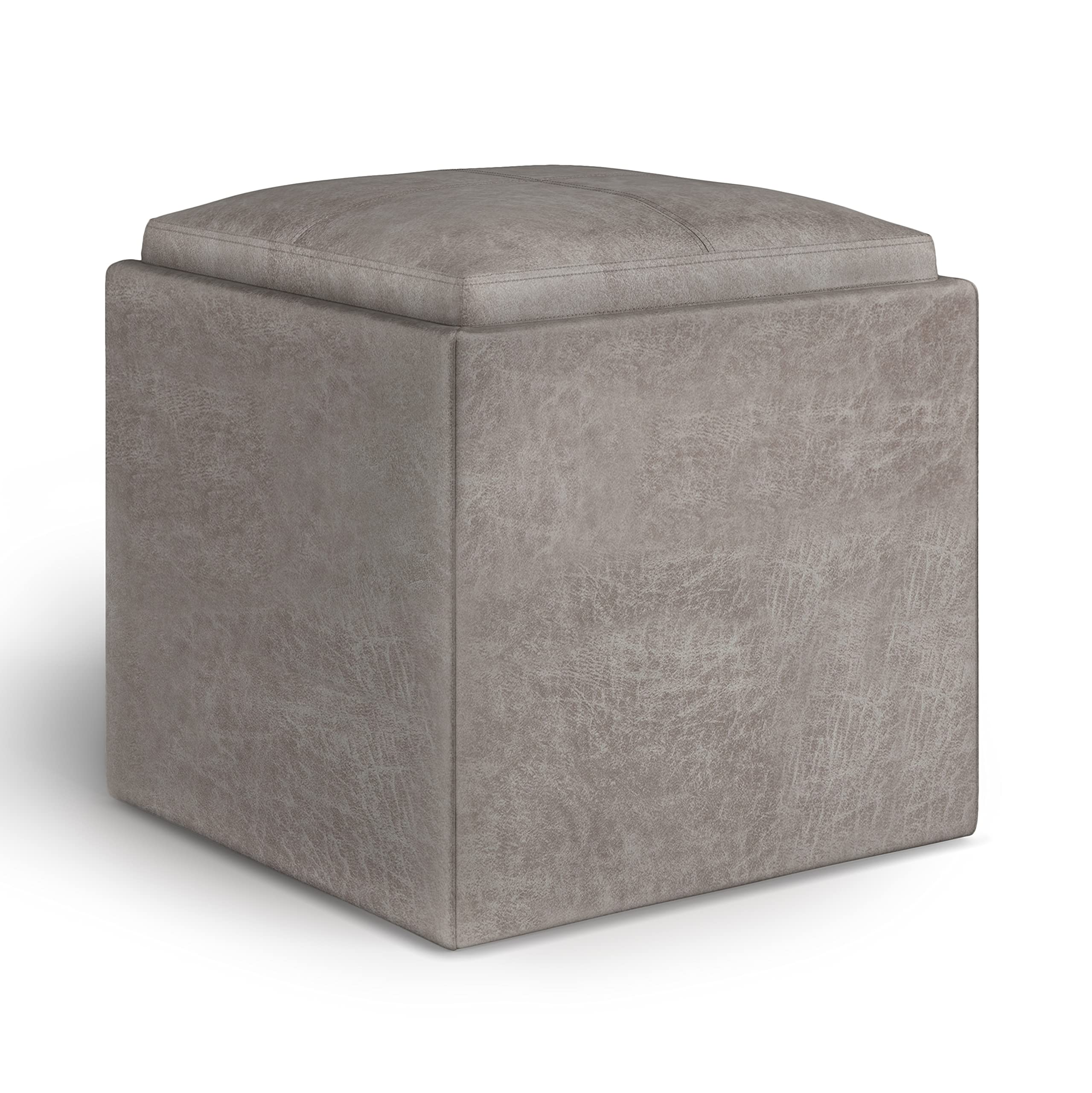 SIMPLIHOME Rockwood Wide Square Cube Storage Ottoman with Tray - 18 Inch, Taupe Vegan Faux Leather, Distressed Grey - Modern Living Room, Entryway & Family Room Furniture for Home Organization & Extra Seating