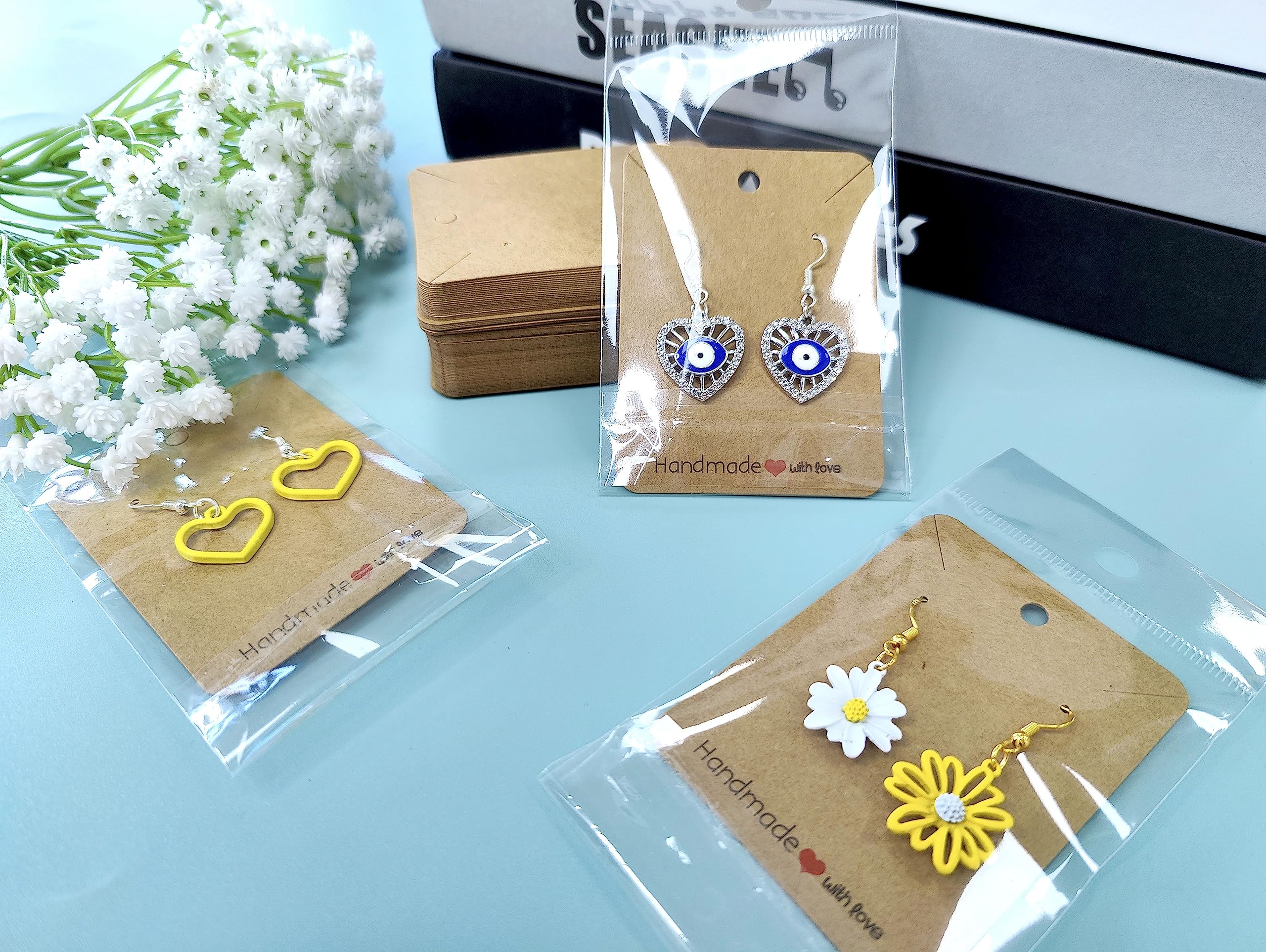 MAIBAOTA 100 Pcs Jewelry Display Cards - Earring Holder Cards with Packaging Bags for Earrings & Necklaces (Brown) | Perfect for Jewelry Stores, Craft Shows & Online Boutique Sales