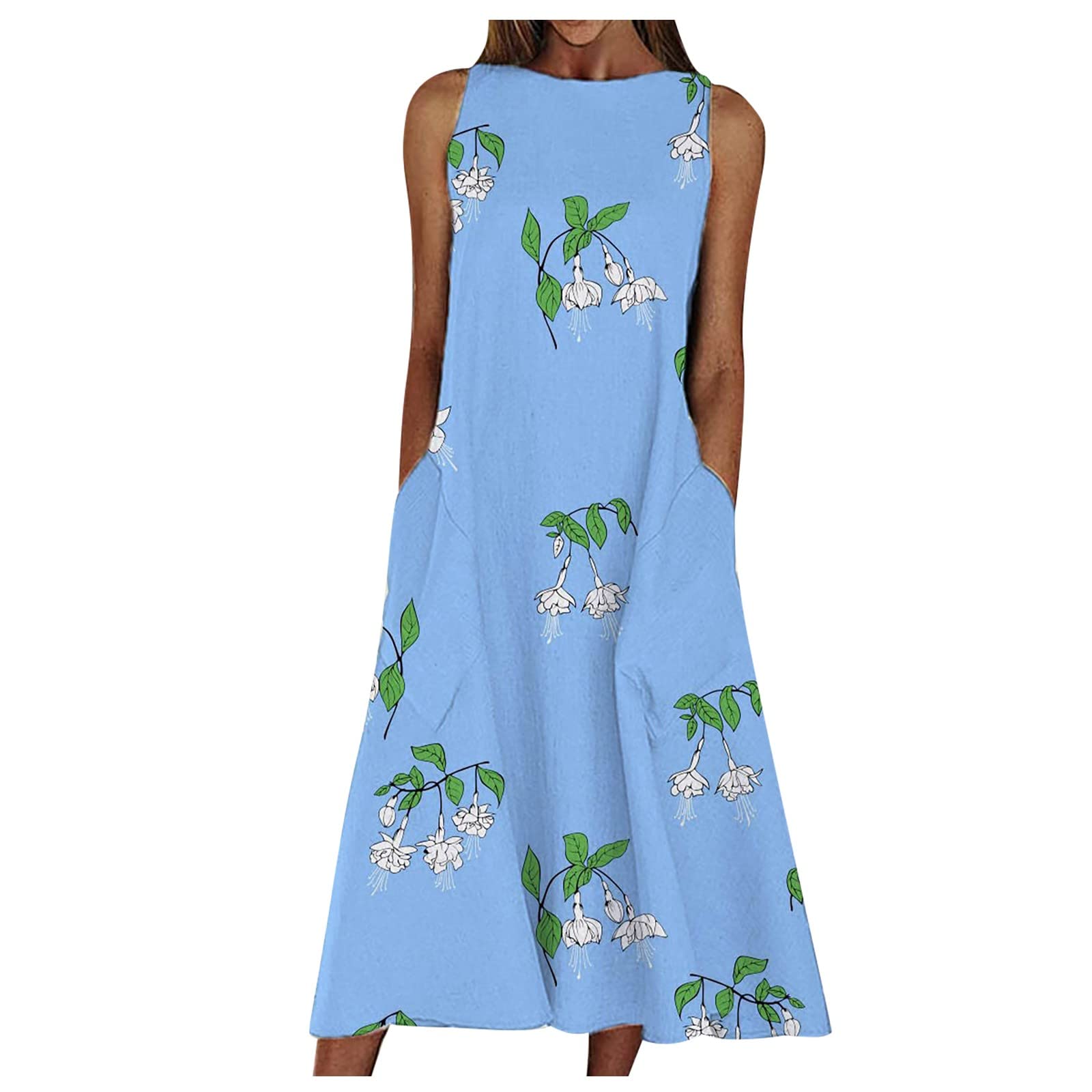 Trendy Floral Print Women's Summer Dress - Crew Neck Sleeveless Loose Swing Casual Beach Vacation Dress for Women | Perfect for Beach Outings, Summer Parties & Casual Wear