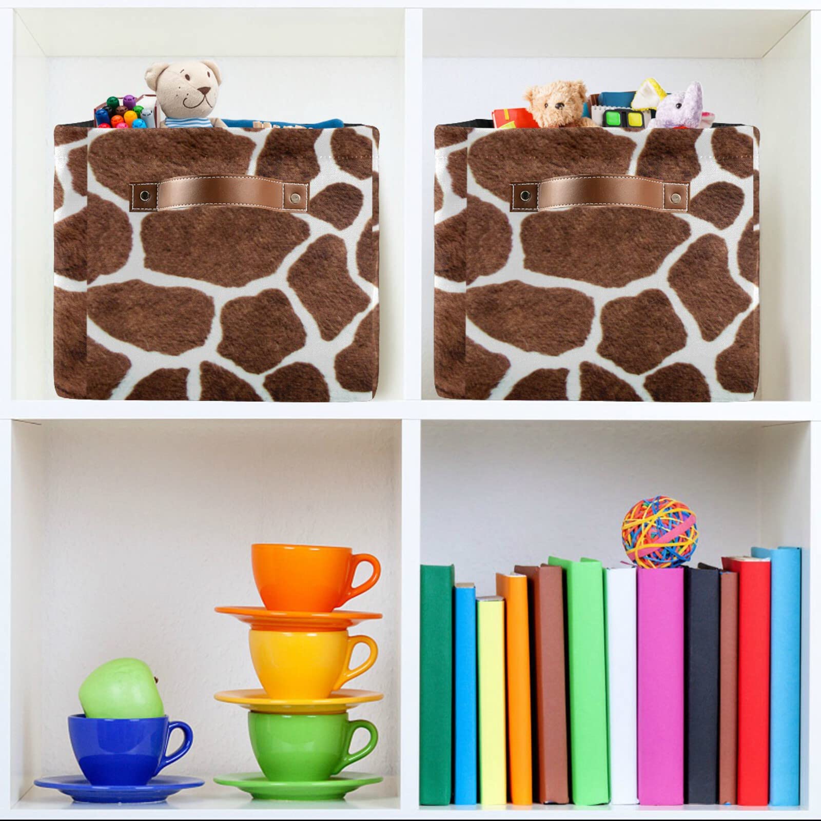 Collapsible Rectangular Storage Basket with Leather Handles - Giraffe Print Fabric Organizer Bin for Home, School & Office | Perfect for Toys, Books, Blankets & Clutter Organization