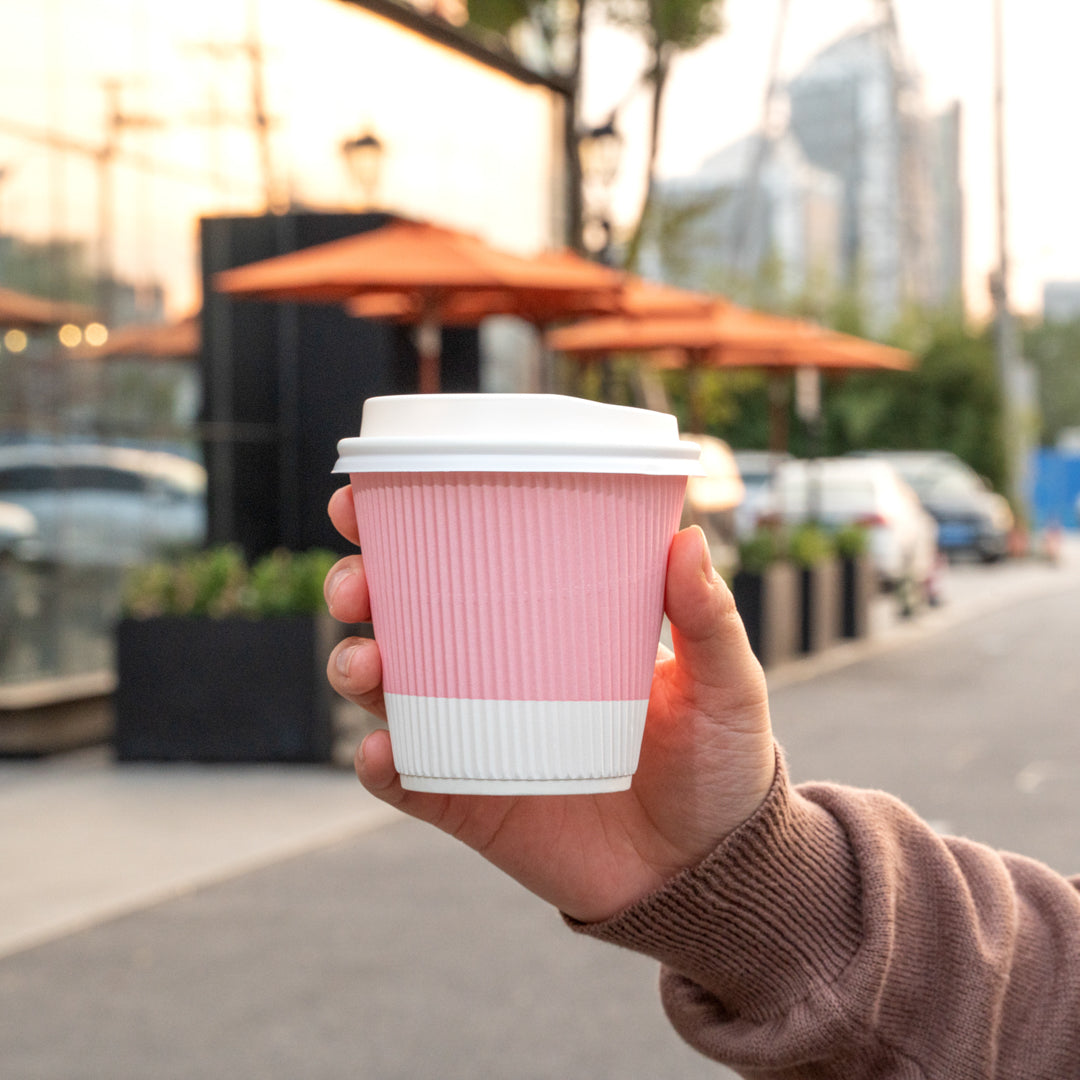 8 oz Light Pink Disposable Paper Coffee Cups with Ripple Wall - 3.5