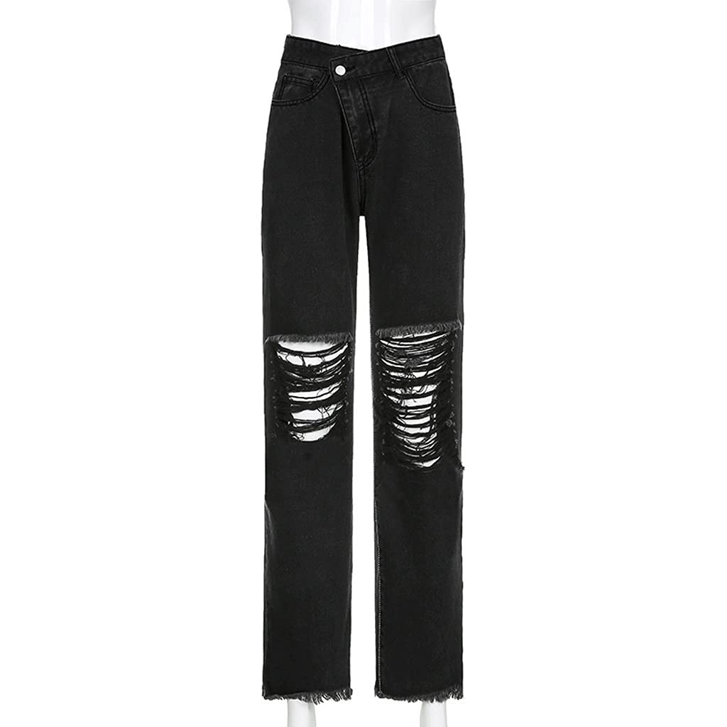 Vintage Black Ripped Straight Baggy Jeans for Women - High Waist Wide Leg Distressed Denim Pants (Black, Size S) | Casual Streetwear, Retro Fashion, Everyday Wear