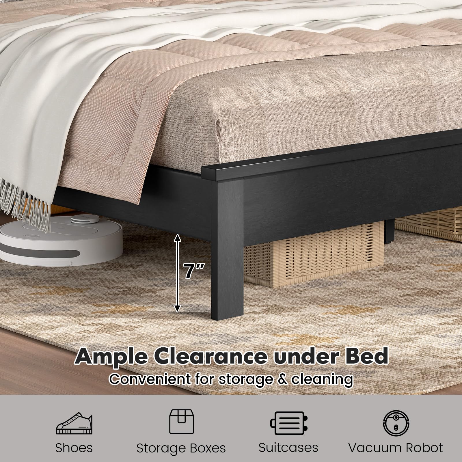 Giantex Queen Size Wooden Platform Bed Frame with Headboard - Mid Century Modern Solid Wood Legs & Wooden Slat Support - Easy Assembly 500 lbs Weight Capacity - Black Bed Frame for Bedroom, Guest Room, Dorm