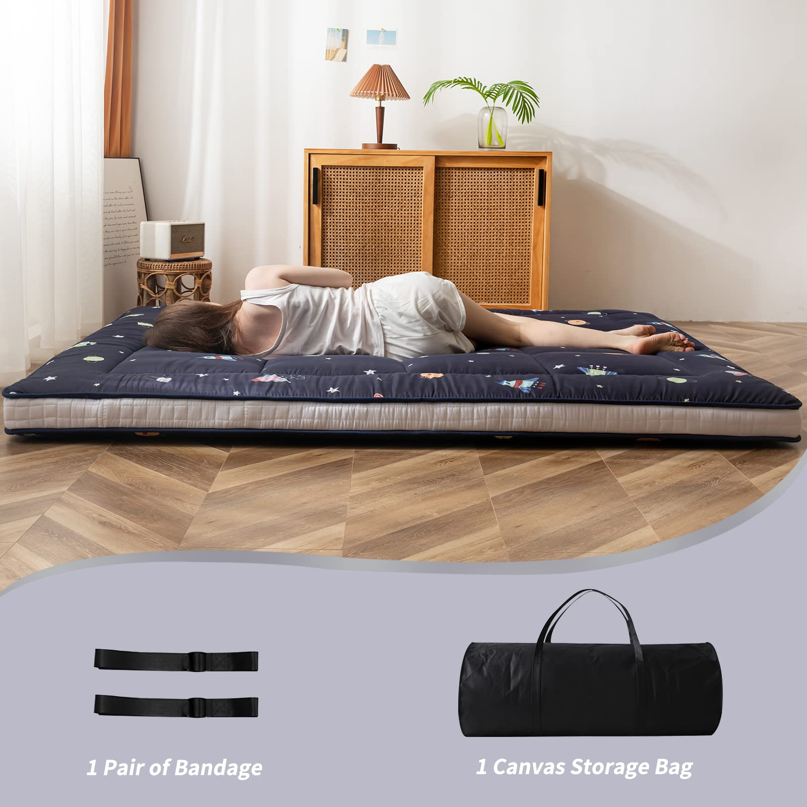 MAXYOYO Extra Thick Futon Floor Mattress - 4 Inch Padded Japanese Folding Roll Up Mattress Sleeping Pad for Guest Bed, Camping & Home Use