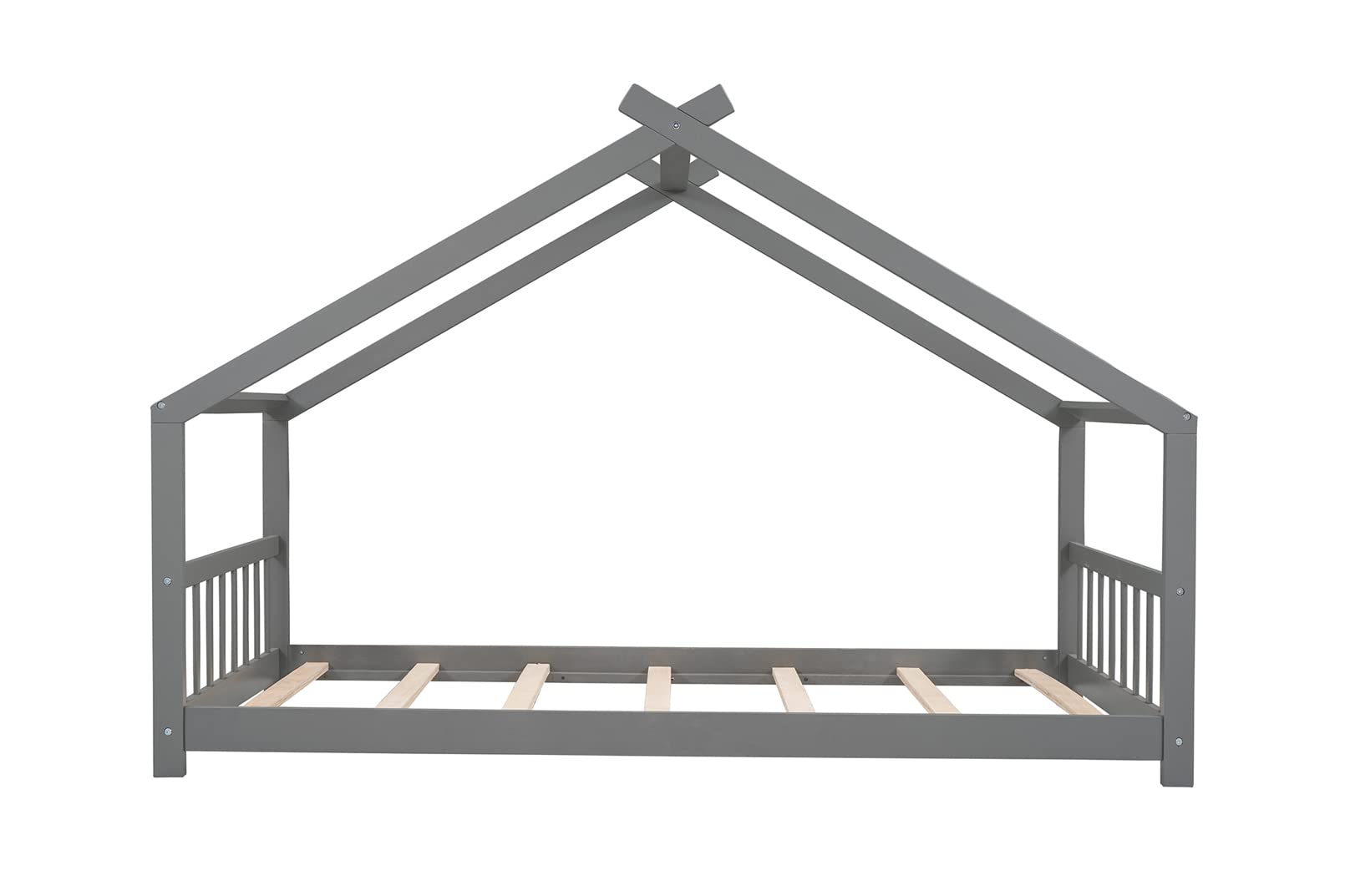 Modern Twin Size Wooden House Platform Bed Frame with Roof, Headboard & Footboard - Easy Assembly, Solid Wood Support for Kids Bedroom - No Box Spring Needed - Gray - Perfect for Boys & Girls Bedrooms, Playrooms & Cozy Sleep Spaces