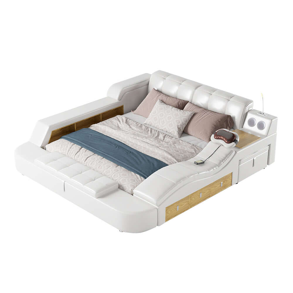 King Size White Smart Bed with Massage & Bluetooth Speaker - Faux Leather Upholstered Adjustable Bed for Ultimate Relaxation | Perfect for Bedroom, Home Theater & Luxury Living Spaces