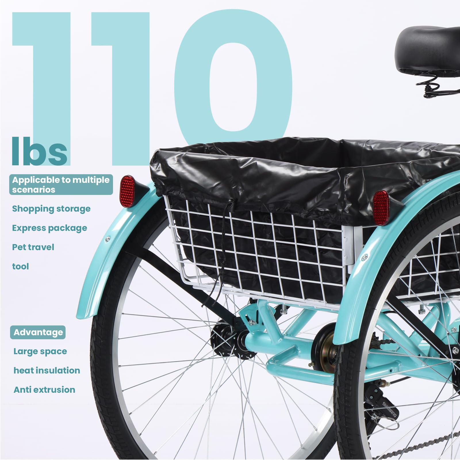 **24 & 26 Inch Adult Tricycles - 7-Speed 3-Wheel Bikes for Men & Women with Dual Chain, Large Rear Basket & Bag - Perfect for Shopping, Beach Rides & City Commuting**