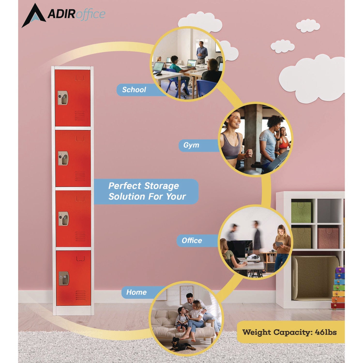 AdirOffice 4 Compartment Steel Storage Locker - 12 x 12 x 72 Inches, Red - Heavy Duty School Gym Locker for Home, Office & Warehouse Organization