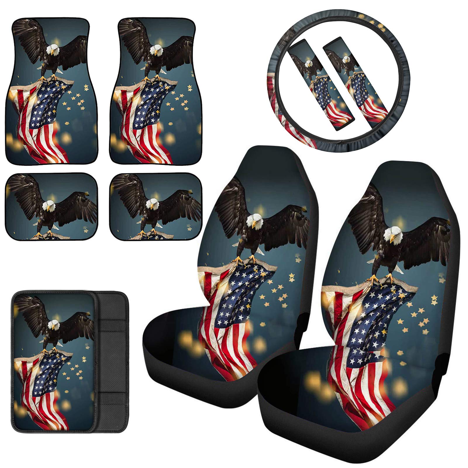 ELEQIN 10-Piece American Flag Car Seat Covers Set with Eagle Design - Includes Front Seat Covers, Center Console Cover, Shoulder Belt Pads, Steering Wheel Cover & Car Mats - Universal Fit for Most Cars, Vans & Trucks - Perfect for Patriotic Drivers, Road Trips & Vehicle Protection