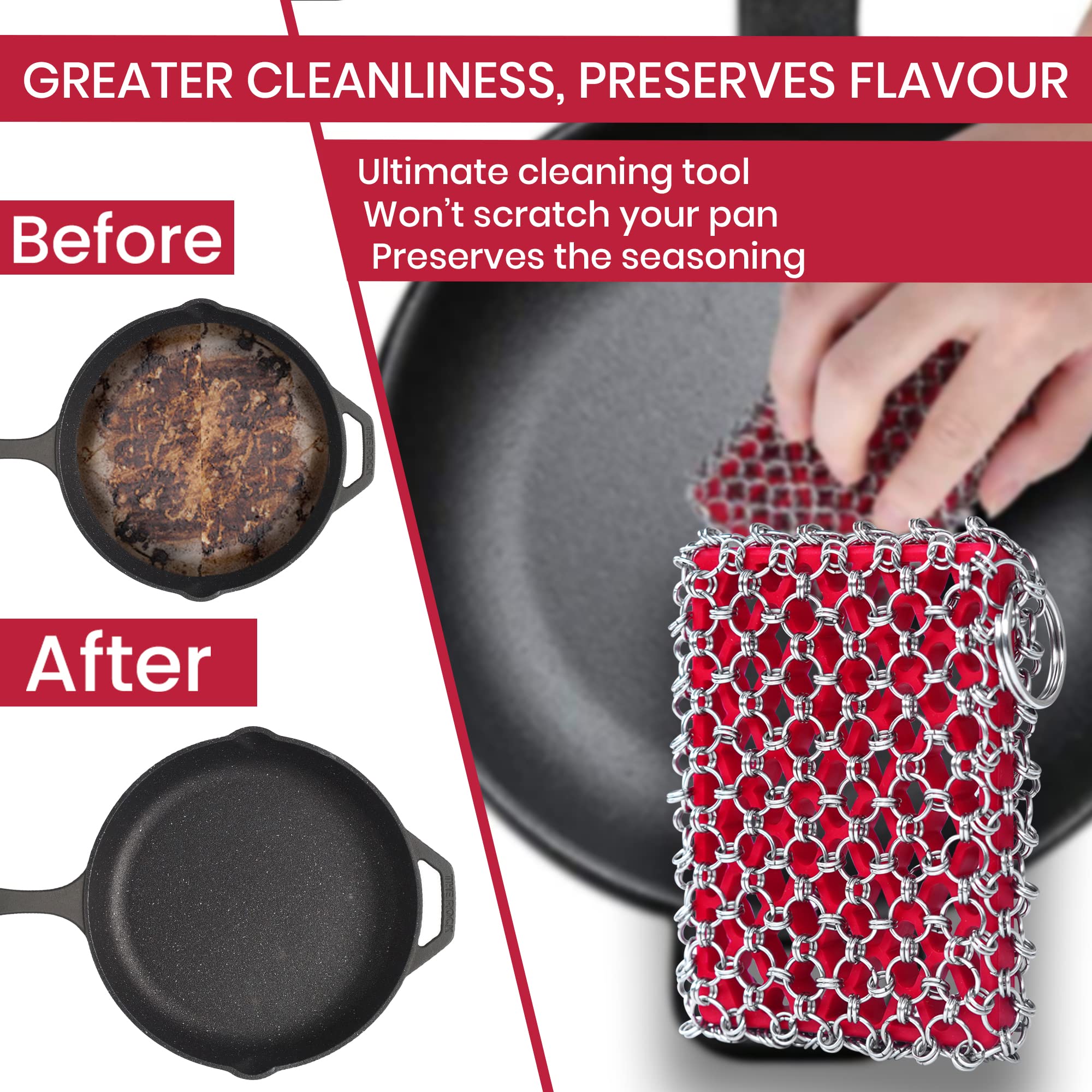 316 Stainless Steel Cast Iron Scrubber Kit with Pan Scraper & Silicone Sponge - Heavy Duty Chainmail Skillet Cleaner for Cast Iron Pans - Dishwasher Safe - Perfect for Camping, Outdoor Cooking & Kitchen Cleaning