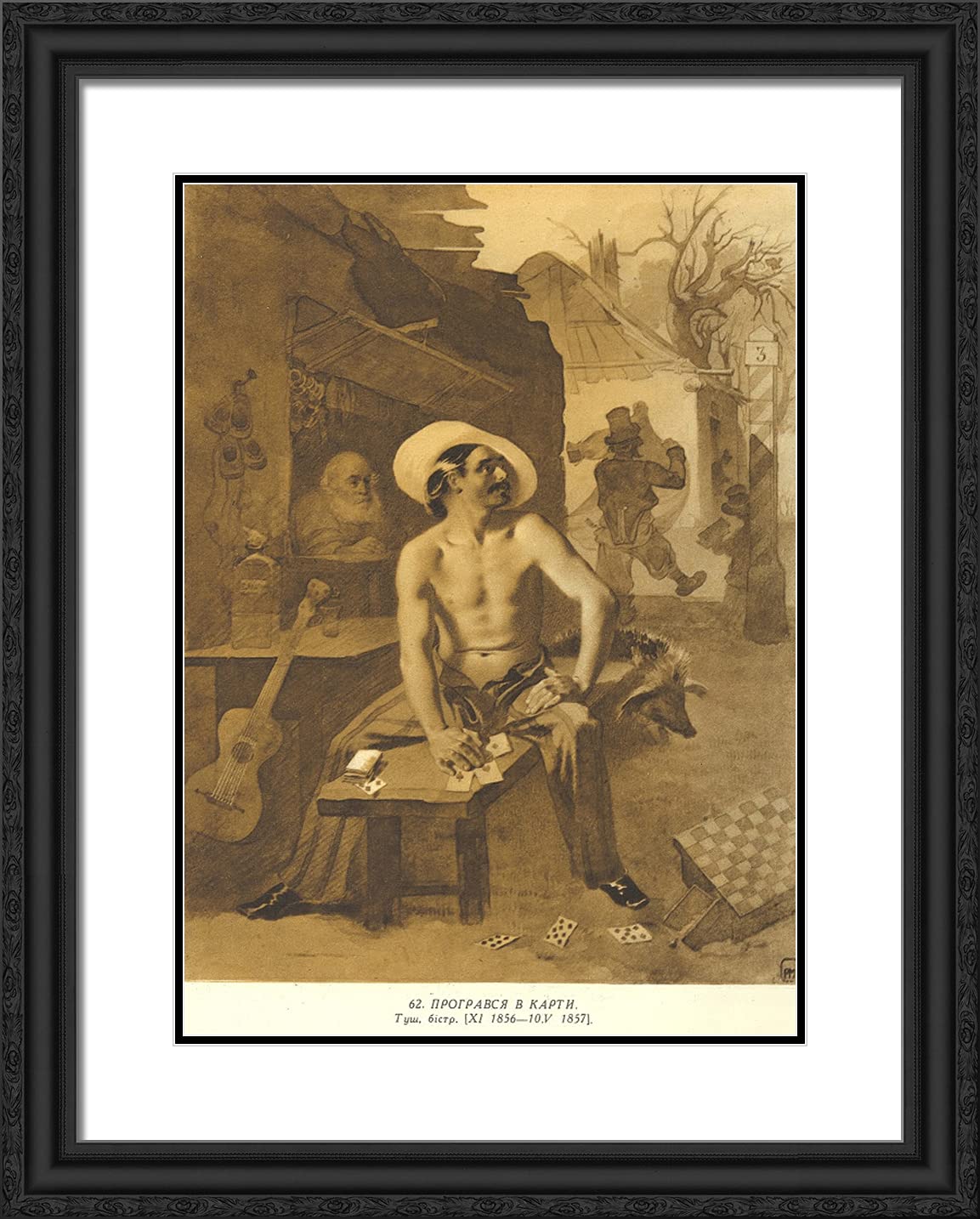 Taras Shevchenko 'Lost at Cards' 20x24 Black Ornate Framed Art Print with Double Matting - Classic Ukrainian Artwork for Living Room, Office & Gallery Decor