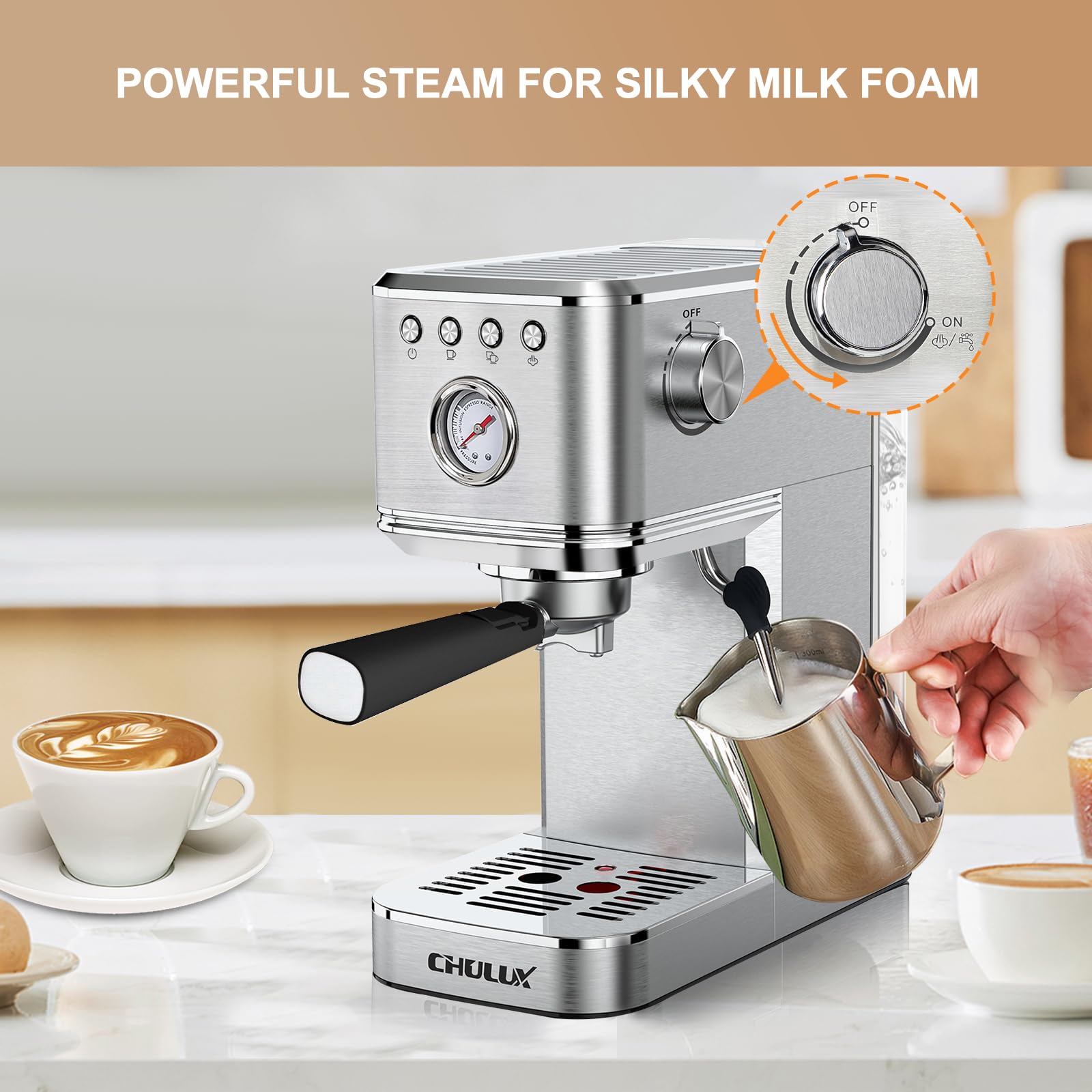 CHULUX Kom-Pro 20 Bar Semi-Automatic Espresso Machine - Stainless Steel Coffee Maker with Milk Frother for Home Baristas - Perfect for Lattes, Cappuccinos & Espresso Drinks - Ideal for Kitchen, Office & Coffee Shop Use