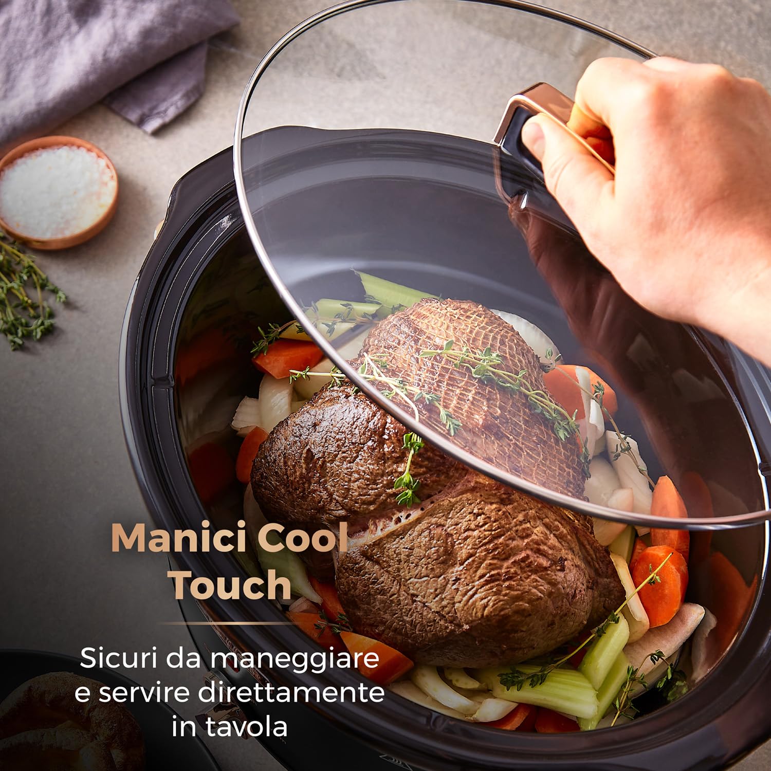 6.5 Quart Slow Cooker with 3 Heat Settings, Cool-Touch Handles, Black & Rose Gold - Perfect for Family Dinners, Meal Prep & Entertaining
