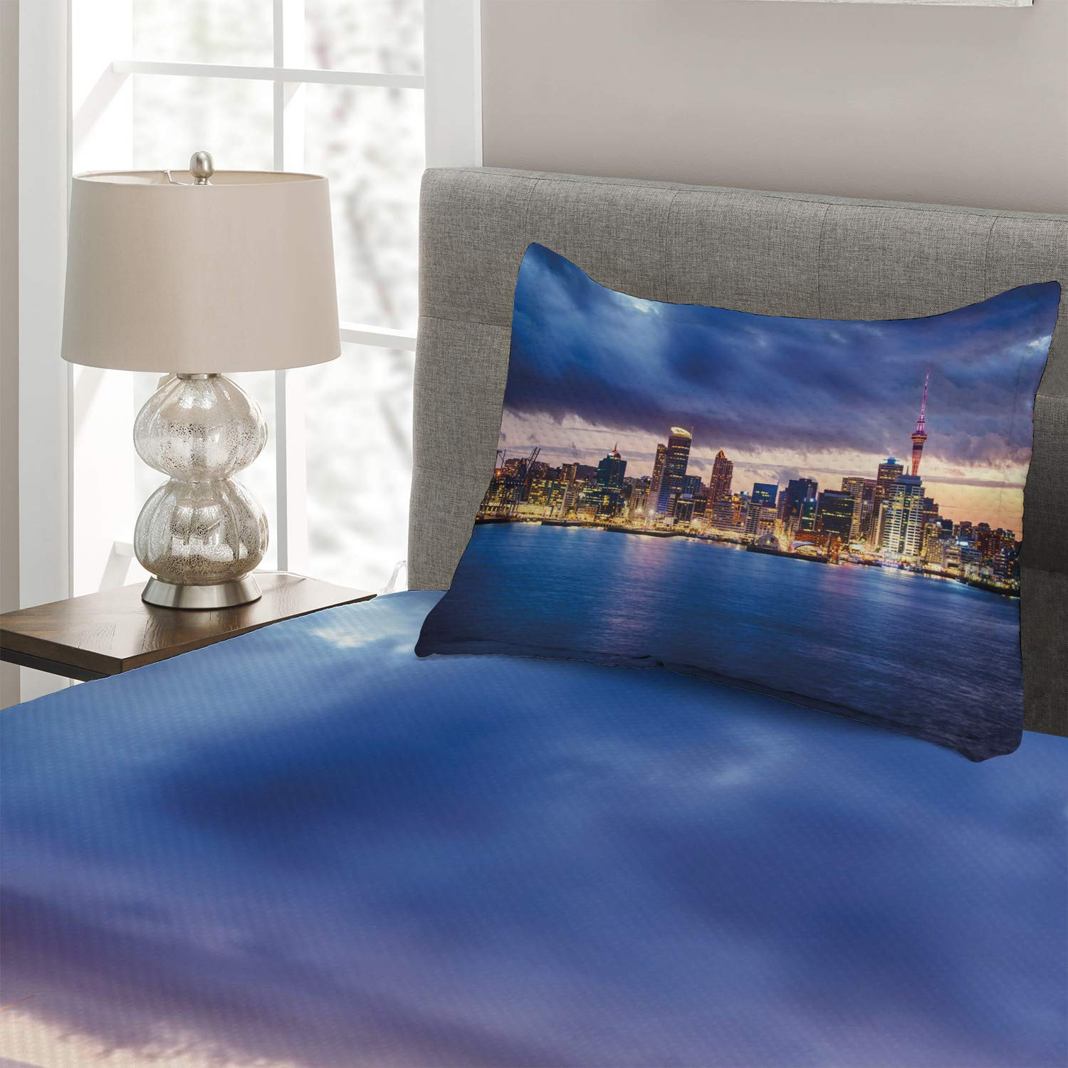 Ambesonne New Zealand Auckland Waterfront Travel Themed 2-Piece Quilted Bedspread Set with Pillow Sham - Twin Size Navy Blue & Pale Yellow - Perfect for Coastal Decor & Guest Bedrooms