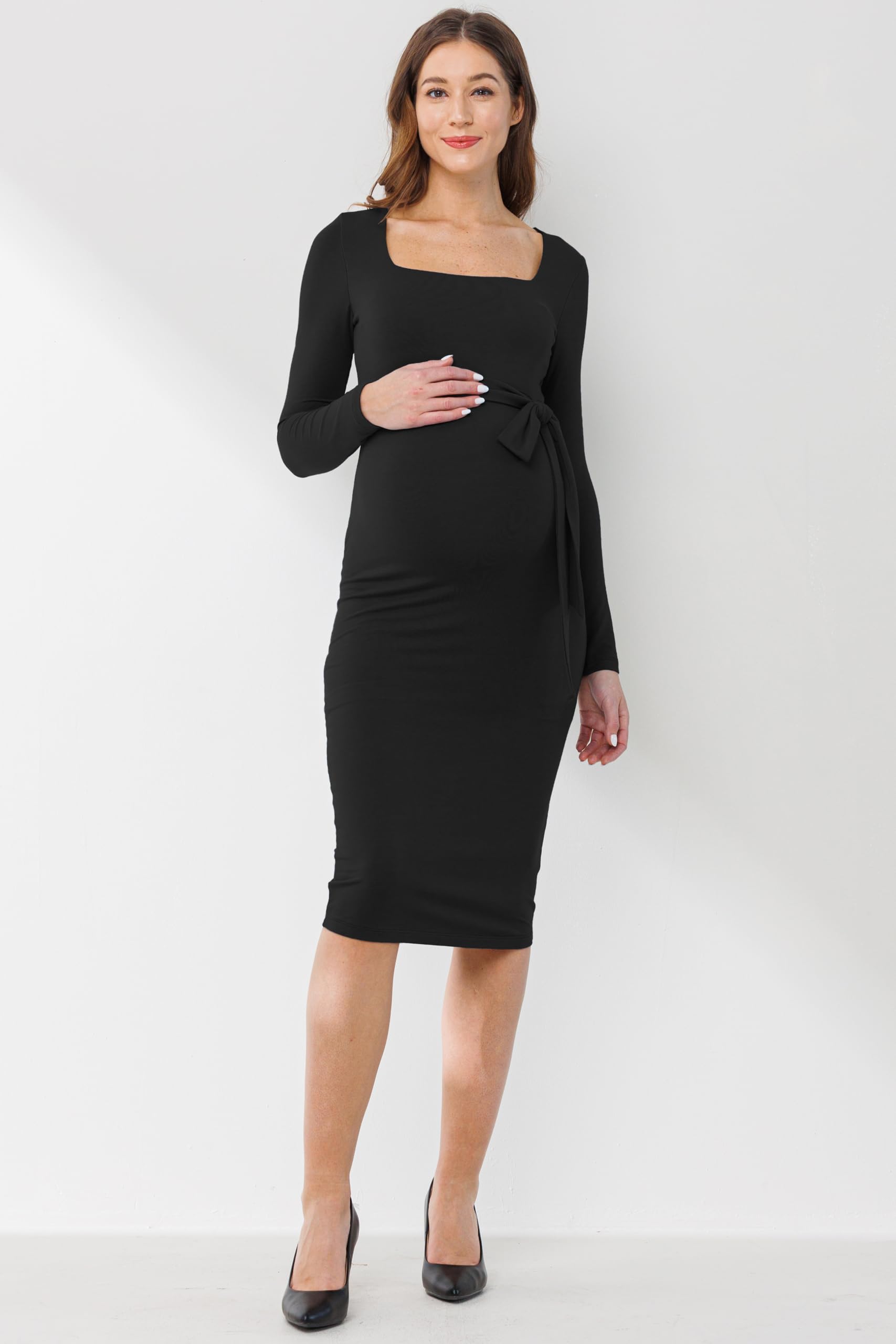 Women's Maternity Dress Long Sleeve Square Neck Waist Tie - Perfect for Pregnancy Photos, Baby Showers & Nursing Comfort