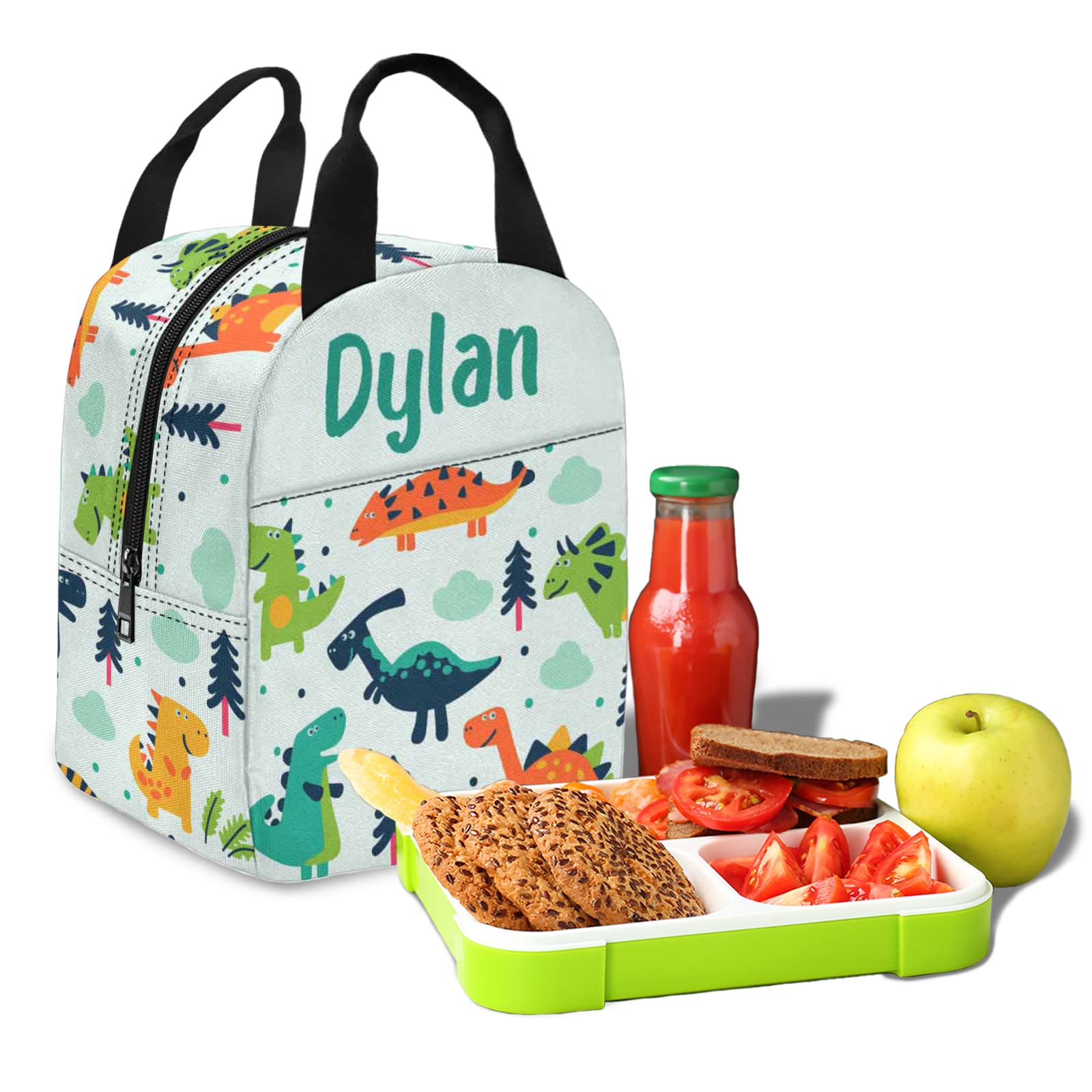 Custom Insulated Lunch Bag for Women & Men - Personalized Reusable Lunch Box for School, Office, Picnic & Beach - Portable Lunch Tote with Pockets - Dinosaur Design - Perfect for Adults, Teens & Kids