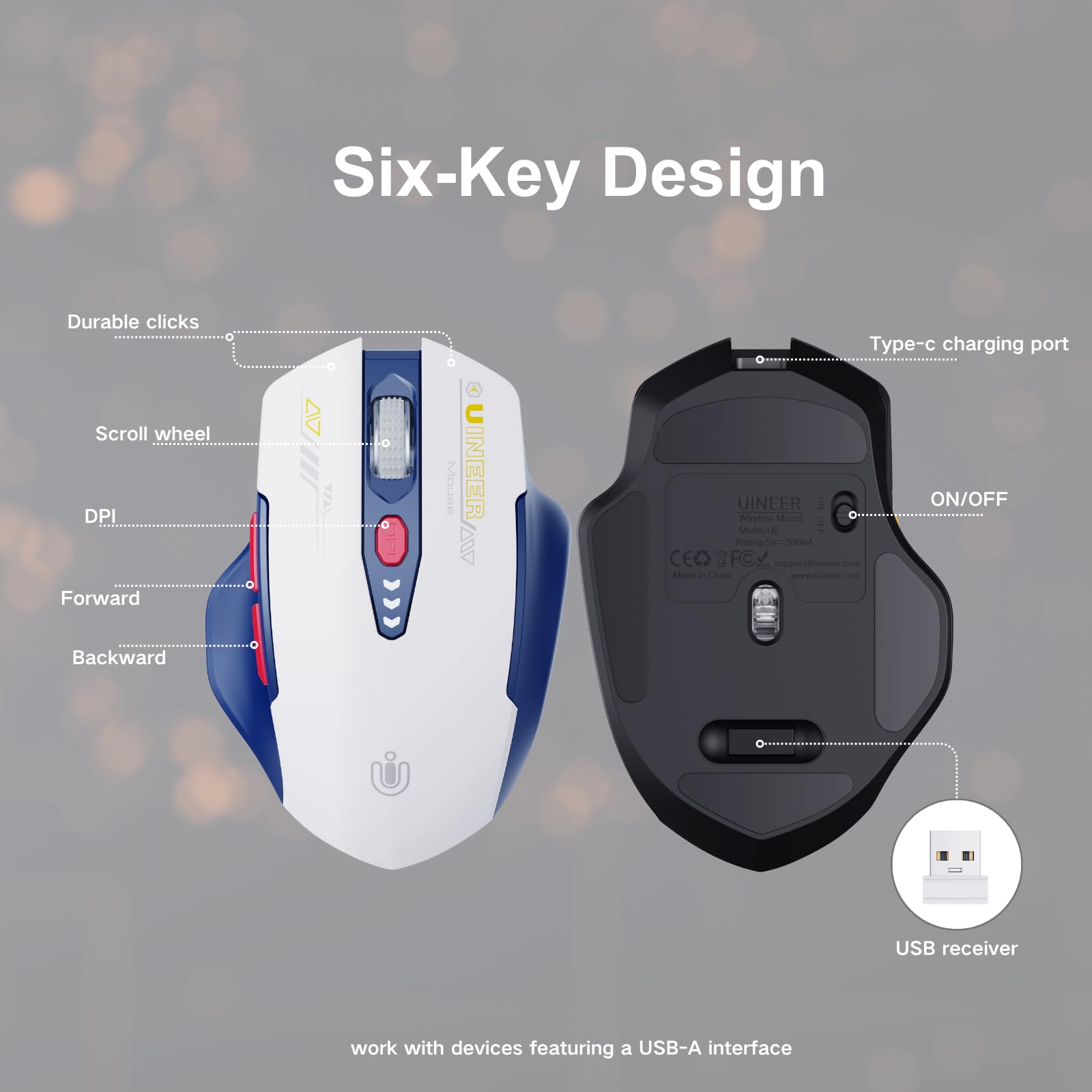 Upgraded Wireless Mouse with Visible Battery Display, Rechargeable 2.4G USB Optical Mouse, 4 Adjustable DPI Levels, Ergonomic Design for Laptop, PC, Computer - White and Blue - Perfect for Office, Home, and Gaming