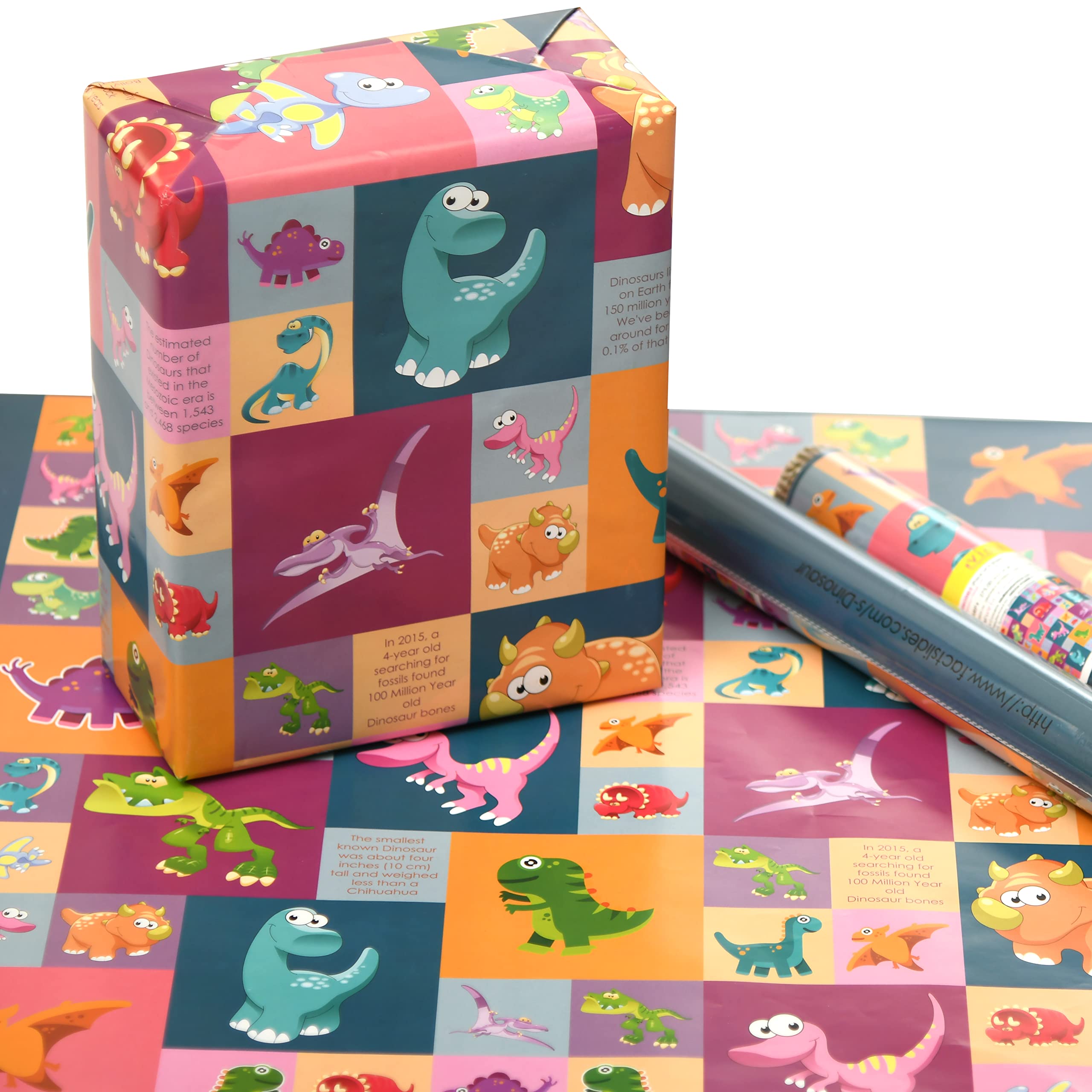eVincE Large Dinosaur Gift Wrapping Paper - 5 Sheets (50x70cm) | Colorful Kids Birthday Party Supplies | Educational Dino Facts for Boys & Girls | Perfect for Birthday Gifts, Christmas Presents & Party Decorations