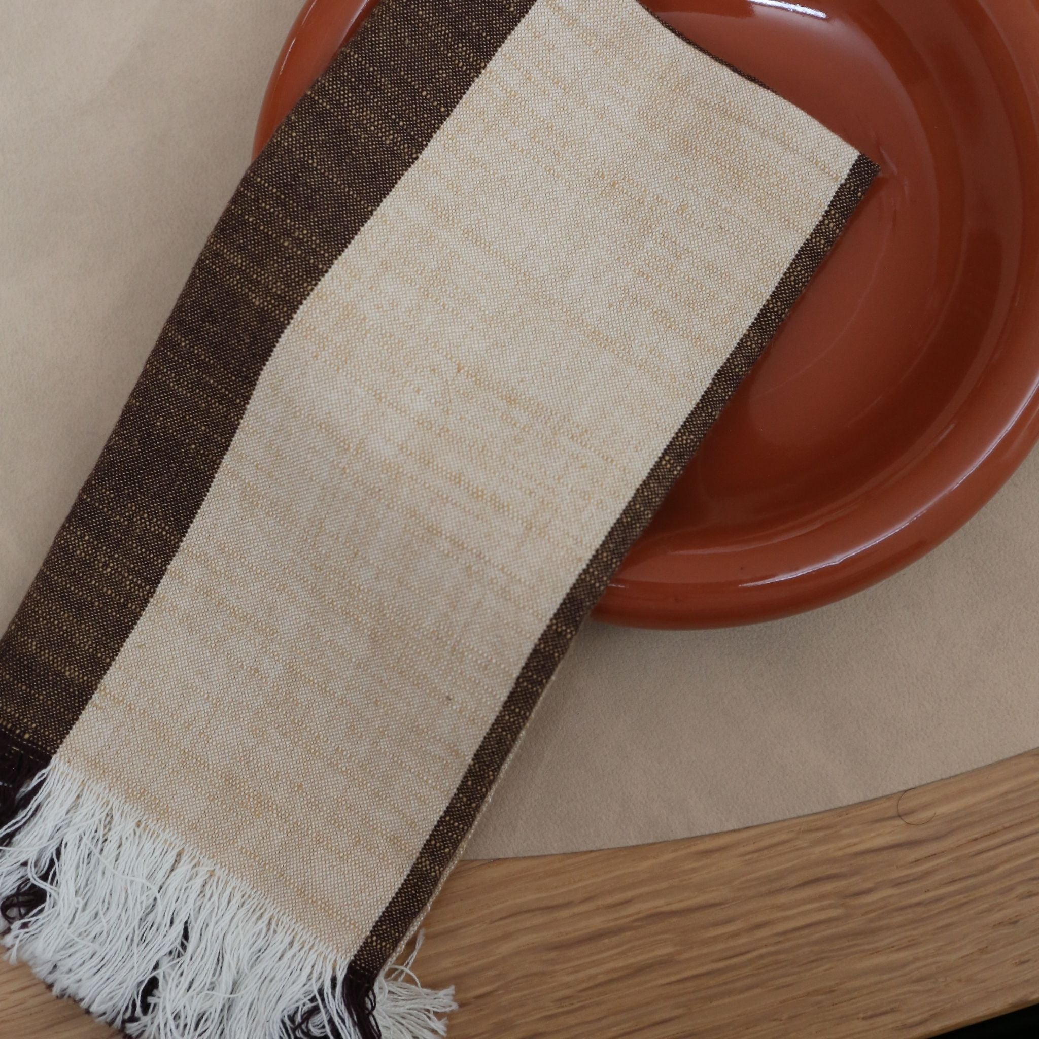 DESIGNSTUFF Fringed Napkins Set of 2 - Coffee Bean & Light Grey Cotton Table Linens for Dining, Kitchen Decor, and Party Supplies - Perfect for Dinner Parties, Weddings, and Home Decor