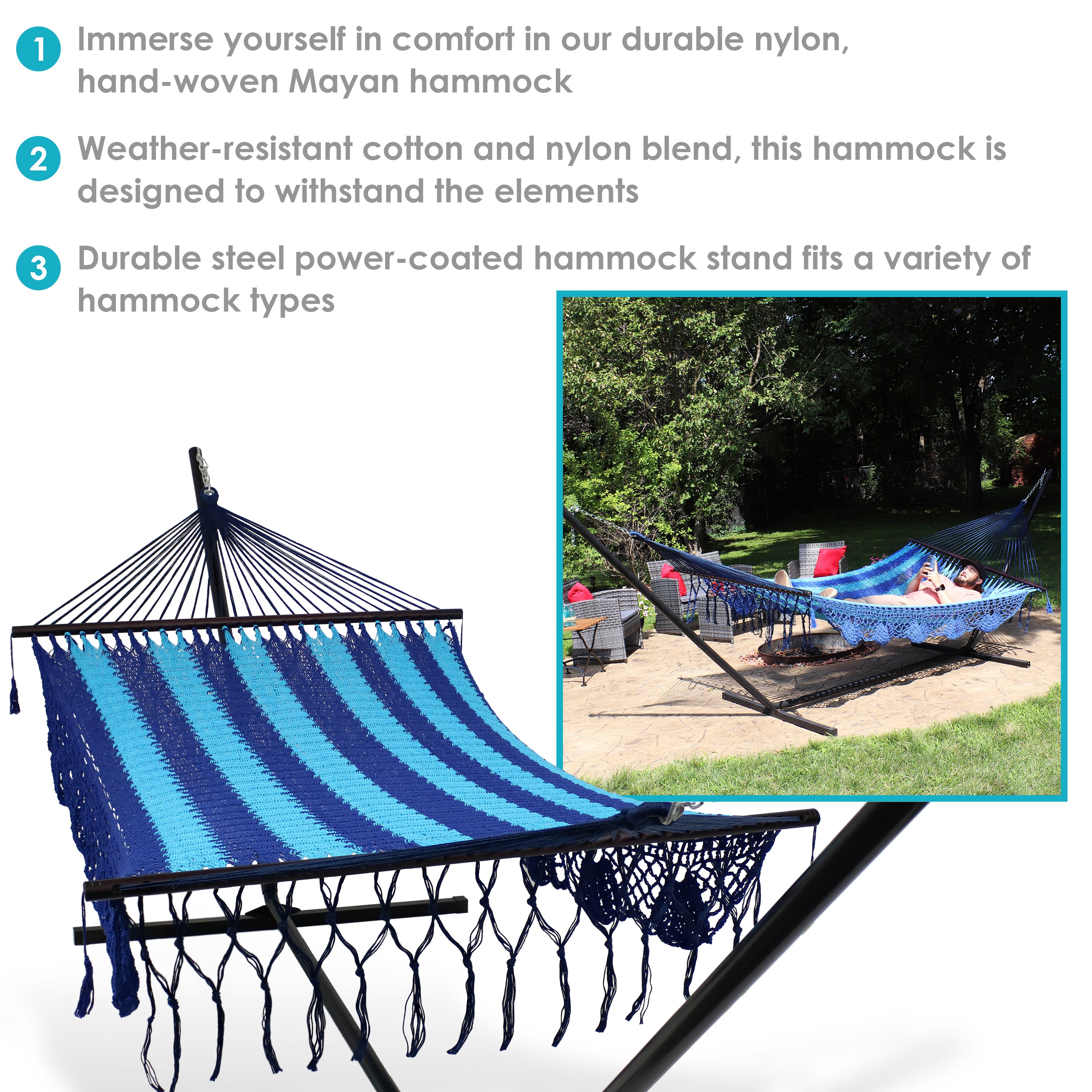 Premium Sunnydaze Deluxe American-Style Mayan Hammock with 15-Foot Steel Stand - Perfect for Backyard, Patio, Poolside & Outdoor Relaxation