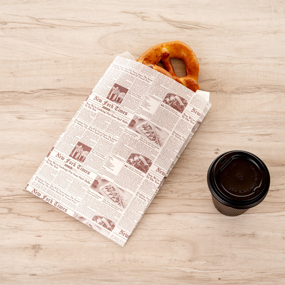 Eco-Friendly Sepia Newsprint French Fry & Snack Bags - 7x3x11 Inches, 100 Count Bulk Pack - Perfect for Food Trucks, Movie Nights & Party Snacks