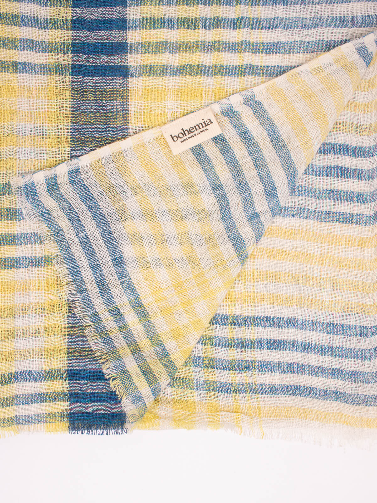 Stylish Linen Scarf - Indigo & Lemon Check Pattern - Perfect for Spring Outfits, Travel Accessories, and Casual Fashion