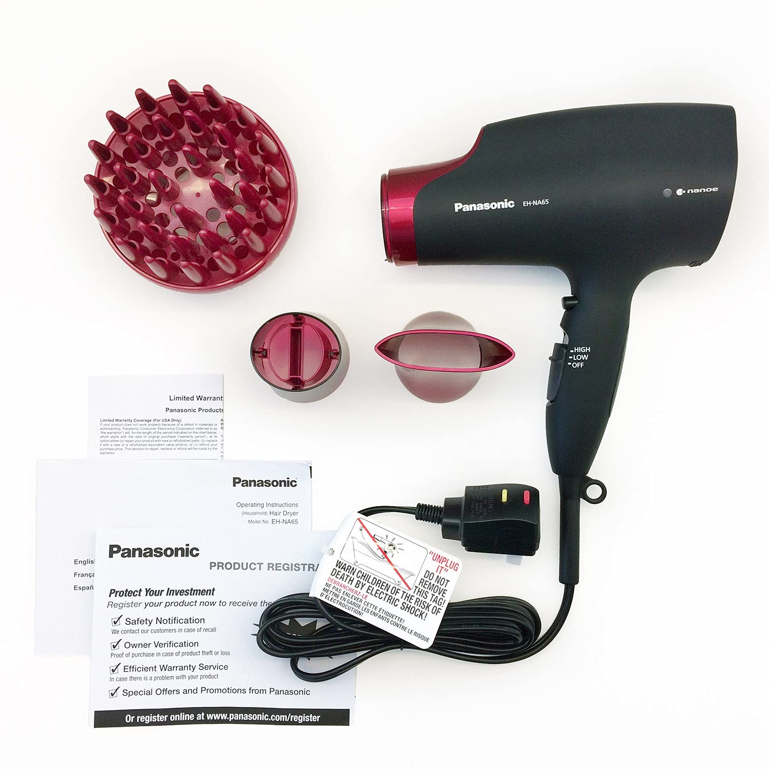 Panasonic EH-NA65-K Nanoe Hair Dryer 1875W - Professional Blow Dryer for Smooth & Shiny Hair with 3 Attachments (Quick Dry Nozzle, Diffuser, Concentrator) - Fast Drying for Home, Salon & Travel Use - Black/Pink