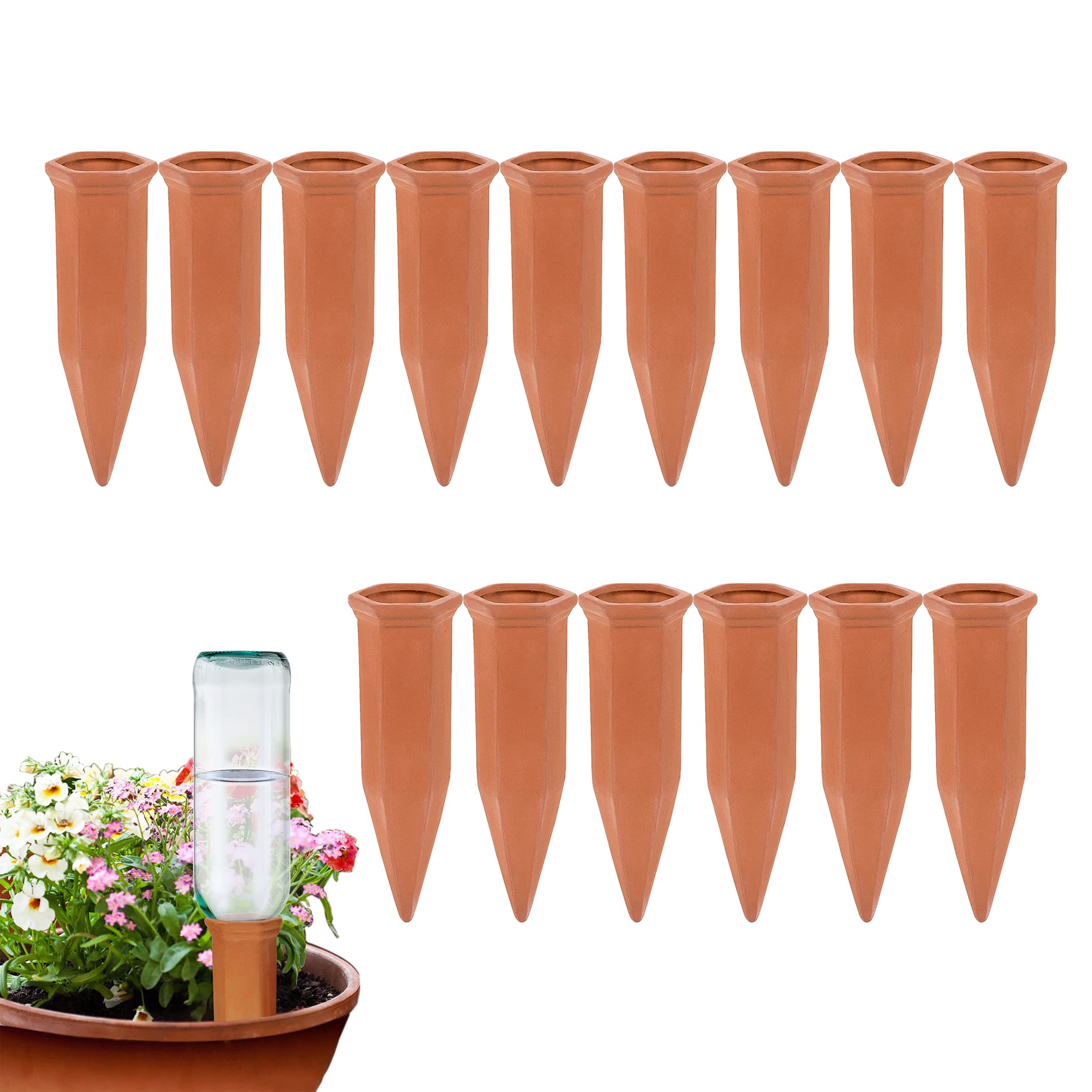 15-Piece Terracotta Self-Watering Spikes for Plants - Automatic Wine Bottle Watering System - Perfect for Indoor Potted Plants, Herb Gardens & Vacation Plant Care