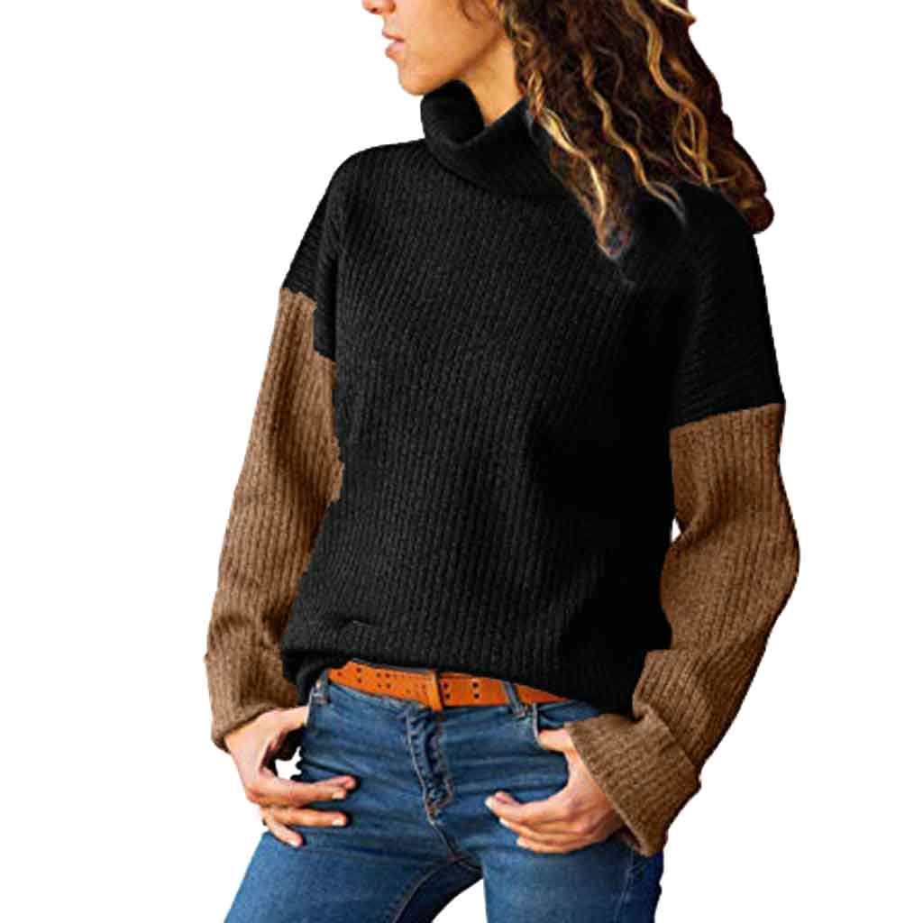 Amiley Women's Patchwork Knit Turtleneck Sweater - Long Sleeve Casual Pullover for Fall & Winter - Warm Cozy Office Wear & Weekend Outfits